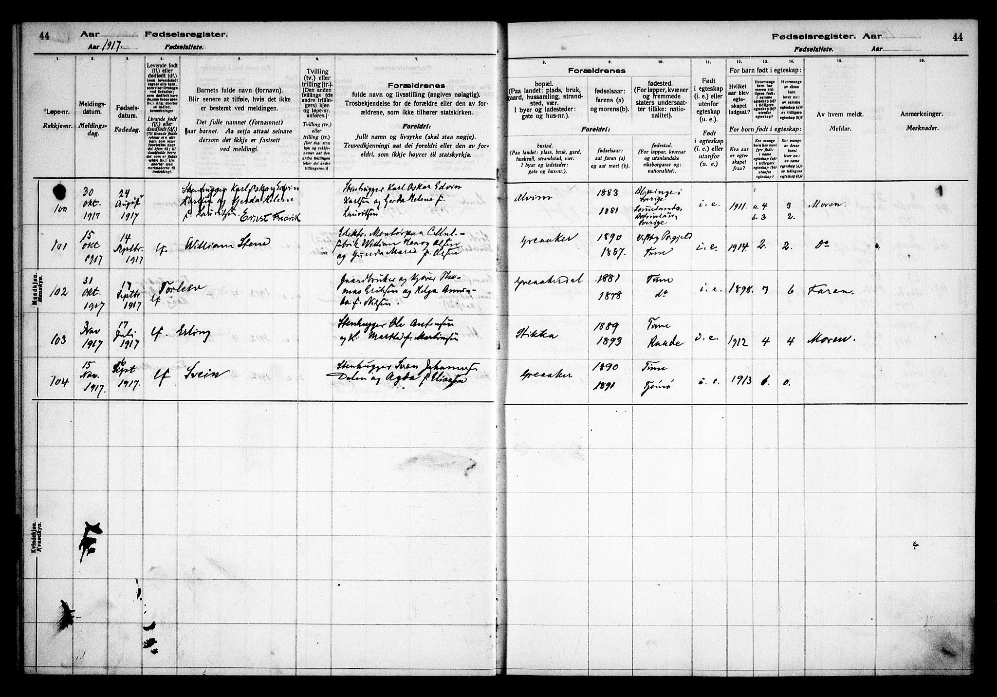 Tune prestekontor Kirkebøker, AV/SAO-A-2007/J/Ja/L0001: Fødselsregister nr. I 1, 1916-1928, s. 44