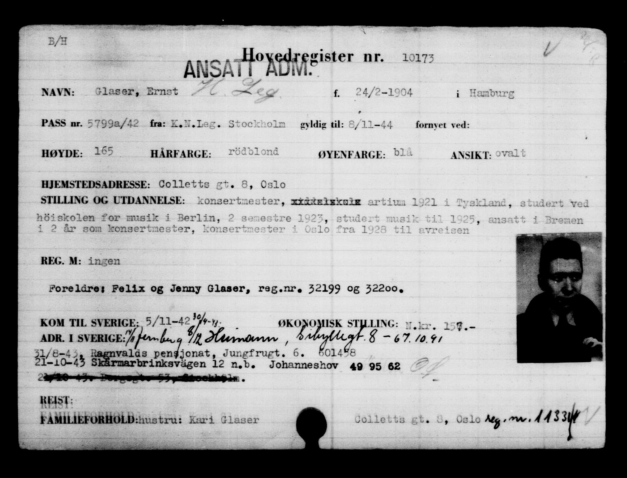 Utenriksstasjonene, Legasjonen i Stockholm, Flyktningkontoret, AV/RA-S-6753/V/Va/L0006: Kjesäterkartoteket, flyktninger med registreringsnr. 9400-12711, 1940-1945, s. 890