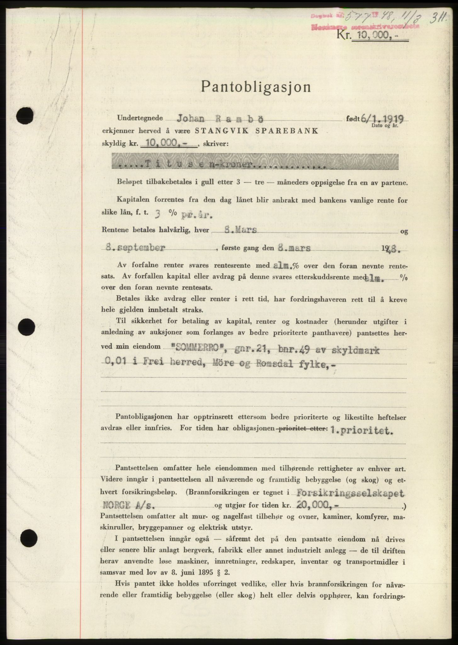 Nordmøre sorenskriveri, SAT/A-4132/1/2/2Ca: Pantebok nr. B98, 1948-1948, Dagboknr: 577/1948
