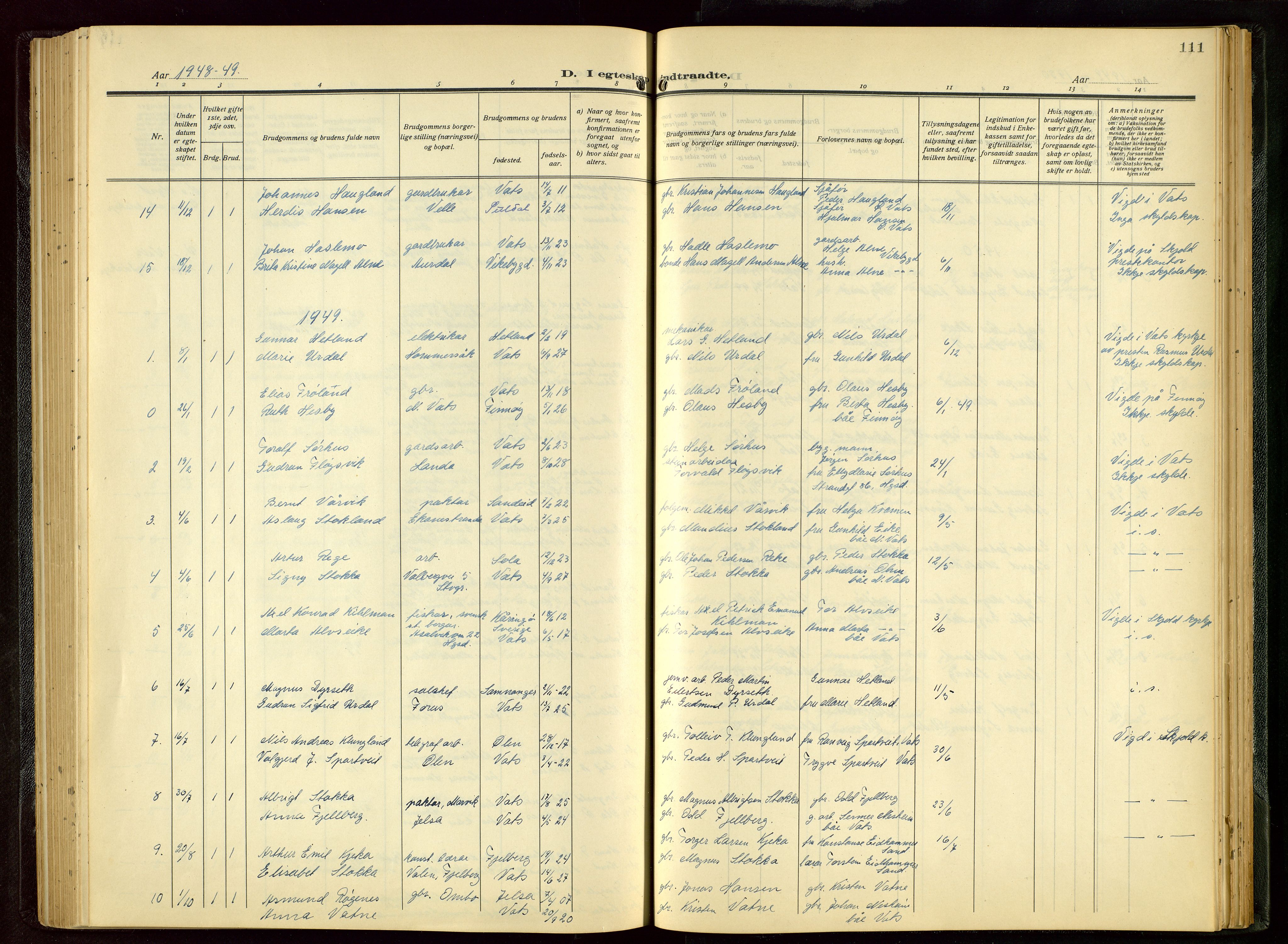 Skjold sokneprestkontor, SAST/A-101847/H/Ha/Hab/L0011: Klokkerbok nr. B 11, 1922-1951, s. 111
