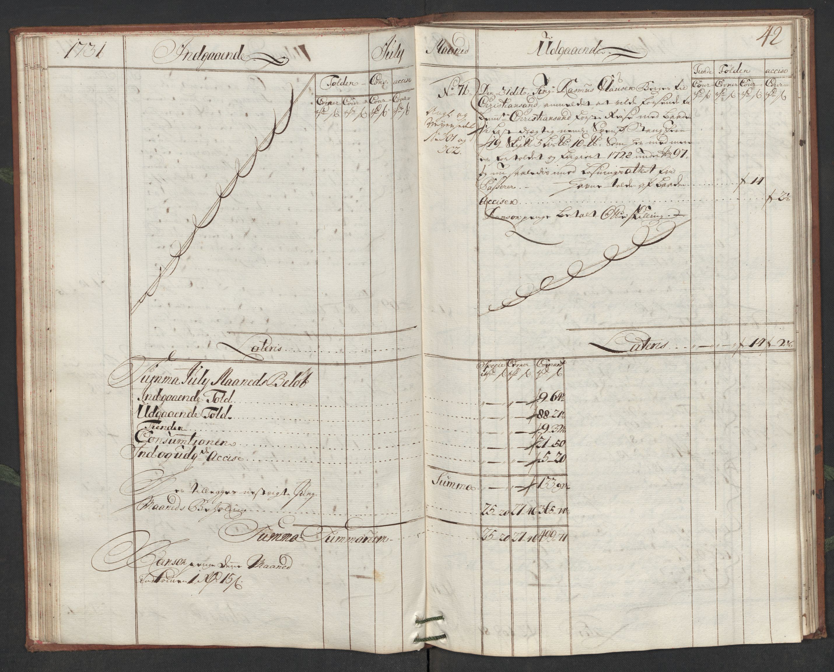 Generaltollkammeret, tollregnskaper, AV/RA-EA-5490/R19/L0006/0001: Tollregnskaper Flekkefjord / Hovedtollbok, 1731, s. 41b-42a