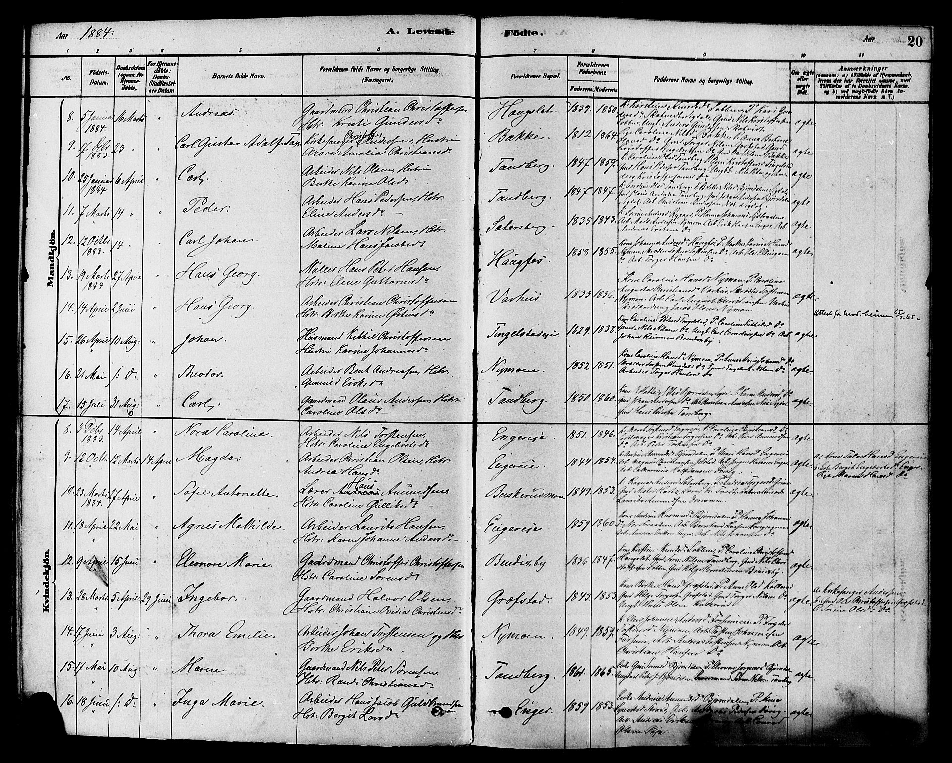 Modum kirkebøker, AV/SAKO-A-234/F/Fa/L0015: Ministerialbok nr. 15 /1, 1877-1889, s. 20