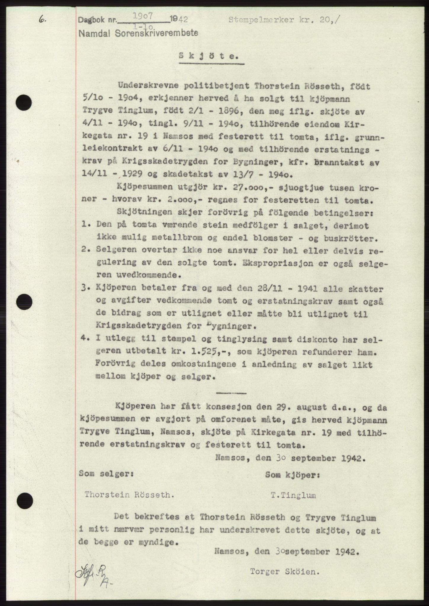Namdal sorenskriveri, SAT/A-4133/1/2/2C: Pantebok nr. -, 1942-1943, Dagboknr: 1907/1942