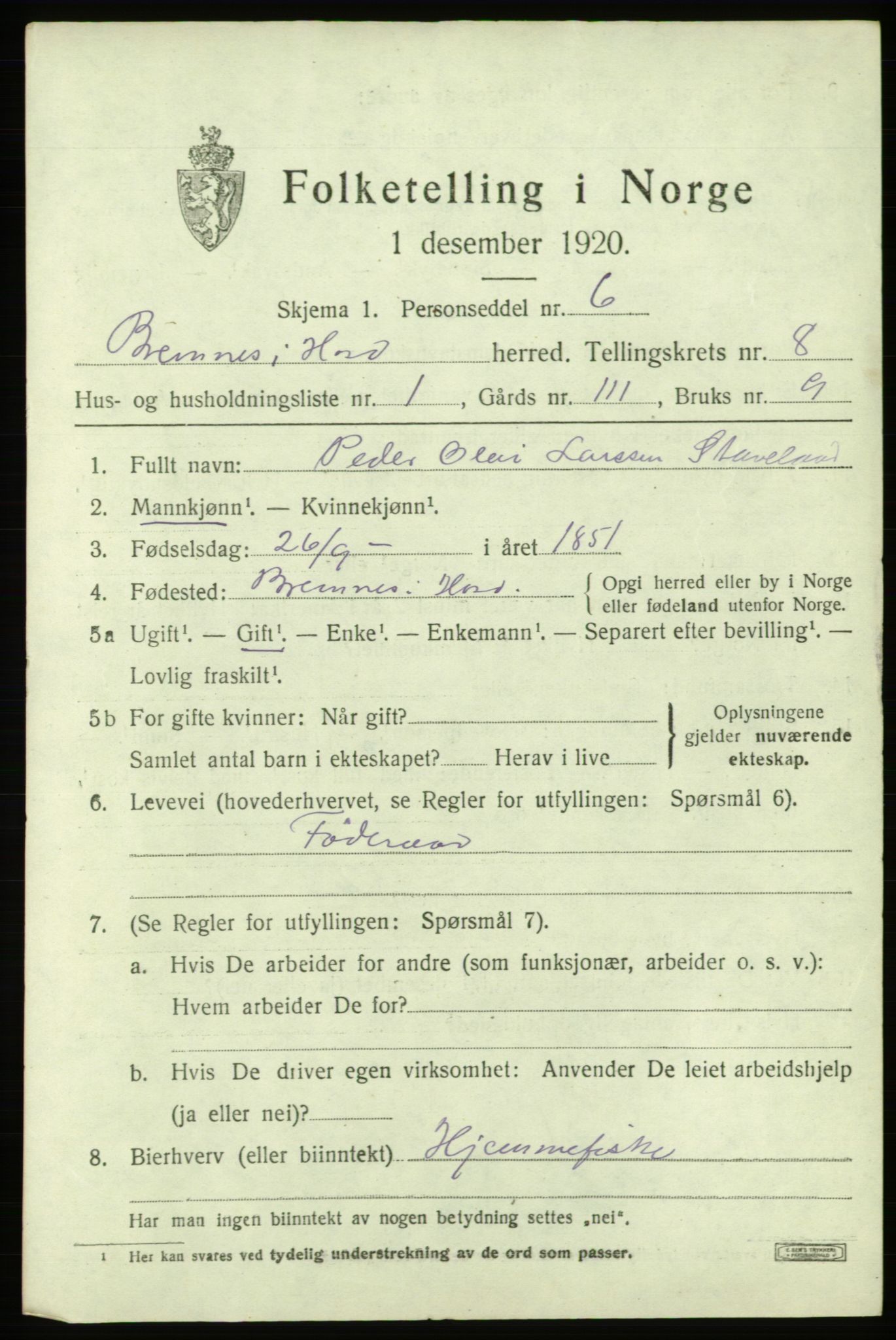 SAB, Folketelling 1920 for 1220 Bremnes herred, 1920, s. 5074