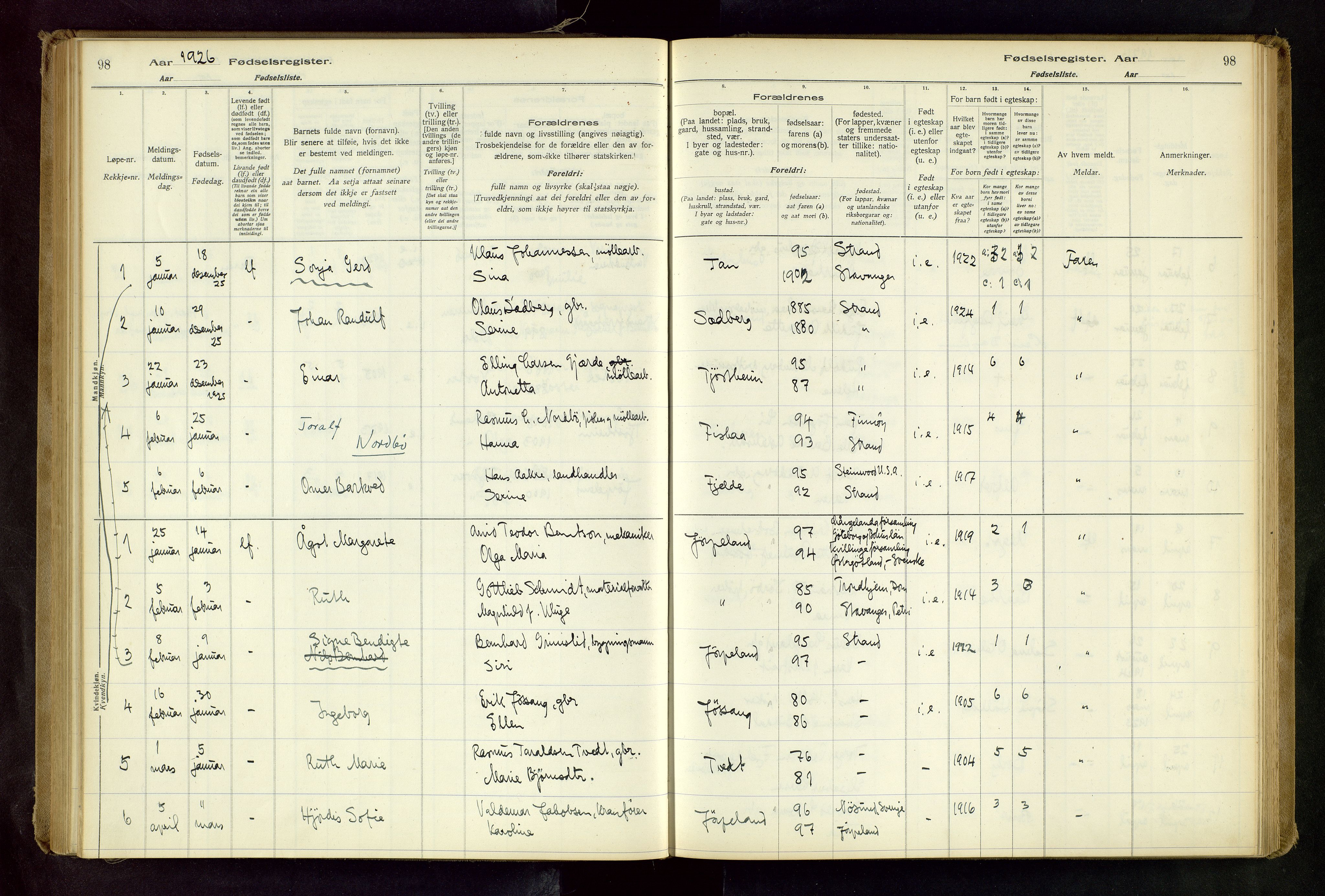 Strand sokneprestkontor, AV/SAST-A-101828/I/Id/L0001: Fødselsregister nr. 1, 1916-1938, s. 98