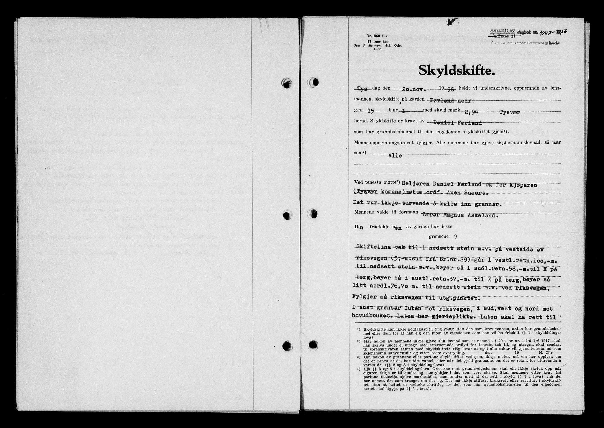 Karmsund sorenskriveri, SAST/A-100311/01/II/IIB/L0122: Pantebok nr. 102A, 1956-1956, Dagboknr: 4197/1956