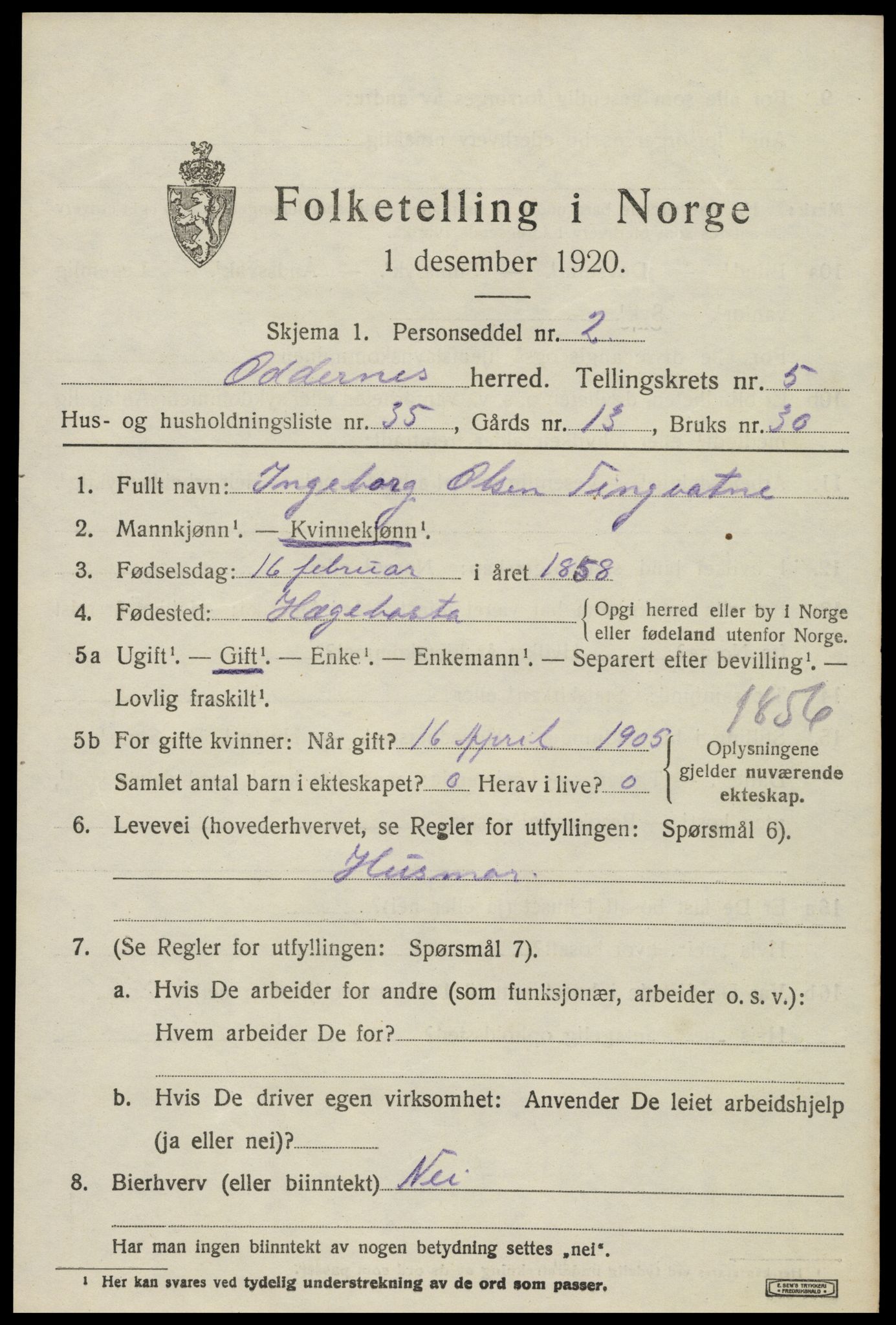SAK, Folketelling 1920 for 1012 Oddernes herred, 1920, s. 4685