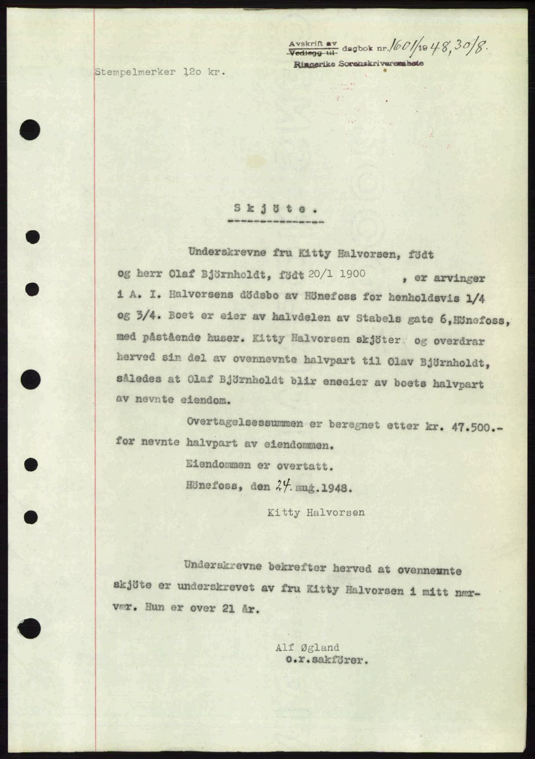 Ringerike sorenskriveri, SAKO/A-105/G/Ga/Gab/L0088: Pantebok nr. A-19, 1948-1948, Dagboknr: 1601/1948