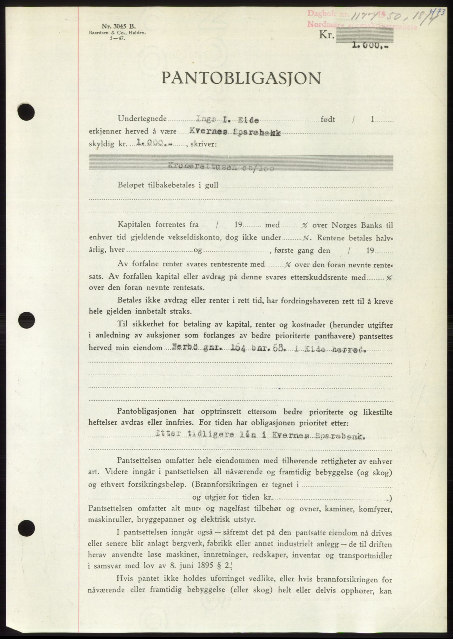 Nordmøre sorenskriveri, SAT/A-4132/1/2/2Ca: Pantebok nr. B104, 1950-1950, Dagboknr: 1177/1950