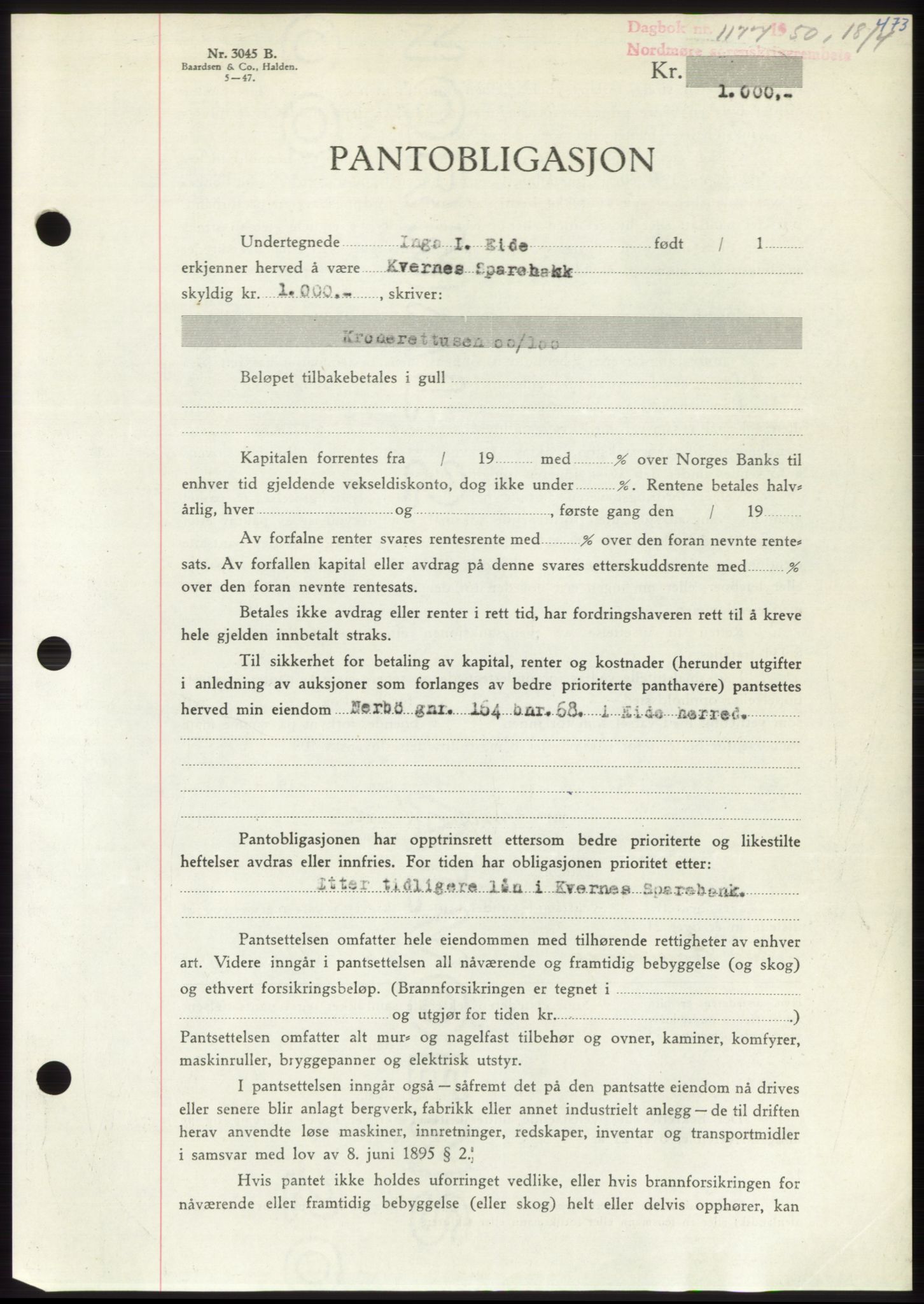 Nordmøre sorenskriveri, AV/SAT-A-4132/1/2/2Ca: Pantebok nr. B104, 1950-1950, Dagboknr: 1177/1950