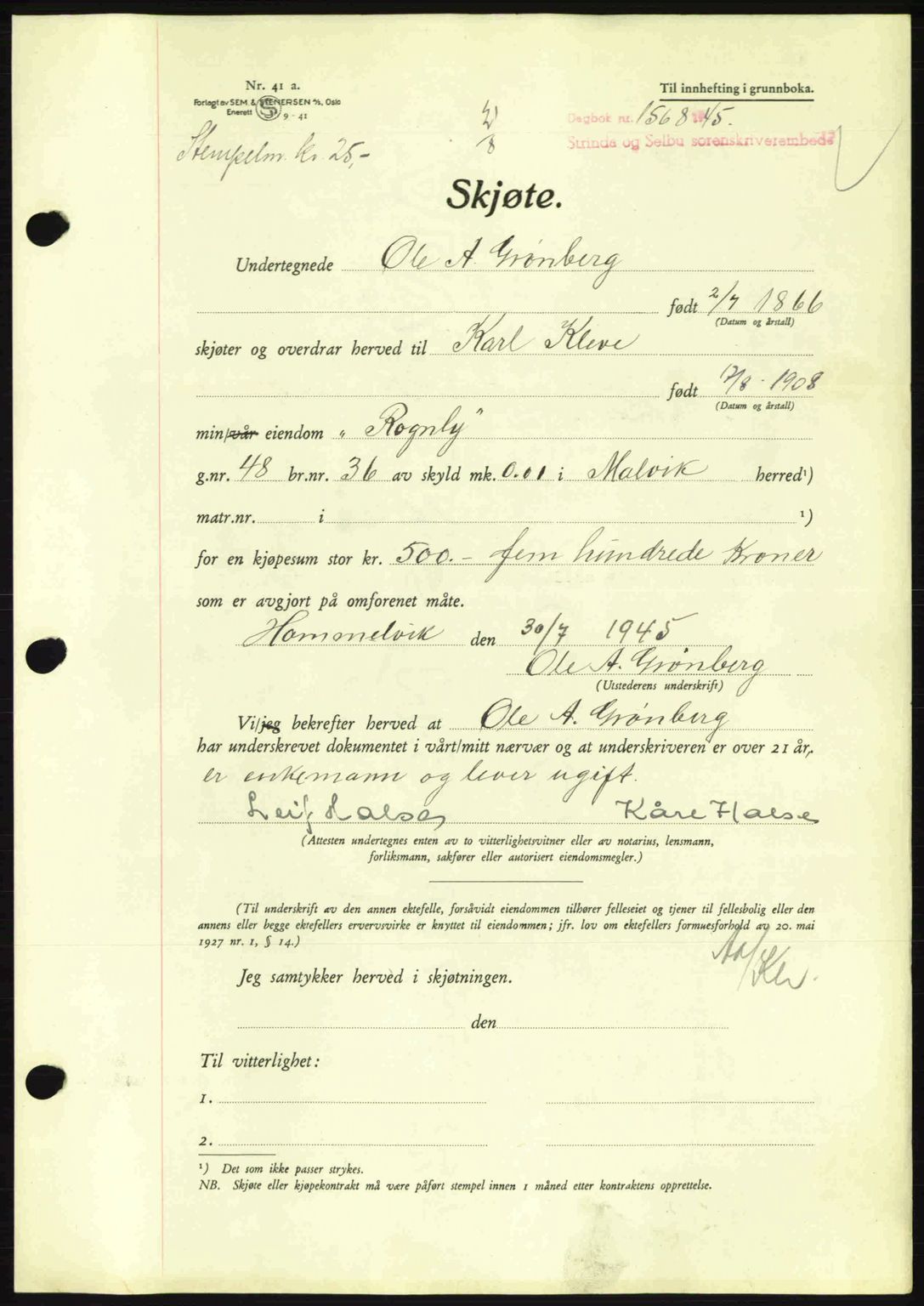 Strinda og Selbu sorenskriveri, SAT/A-0015/2/2C: Pantebok nr. A9, 1944-1945, Dagboknr: 1568/1945