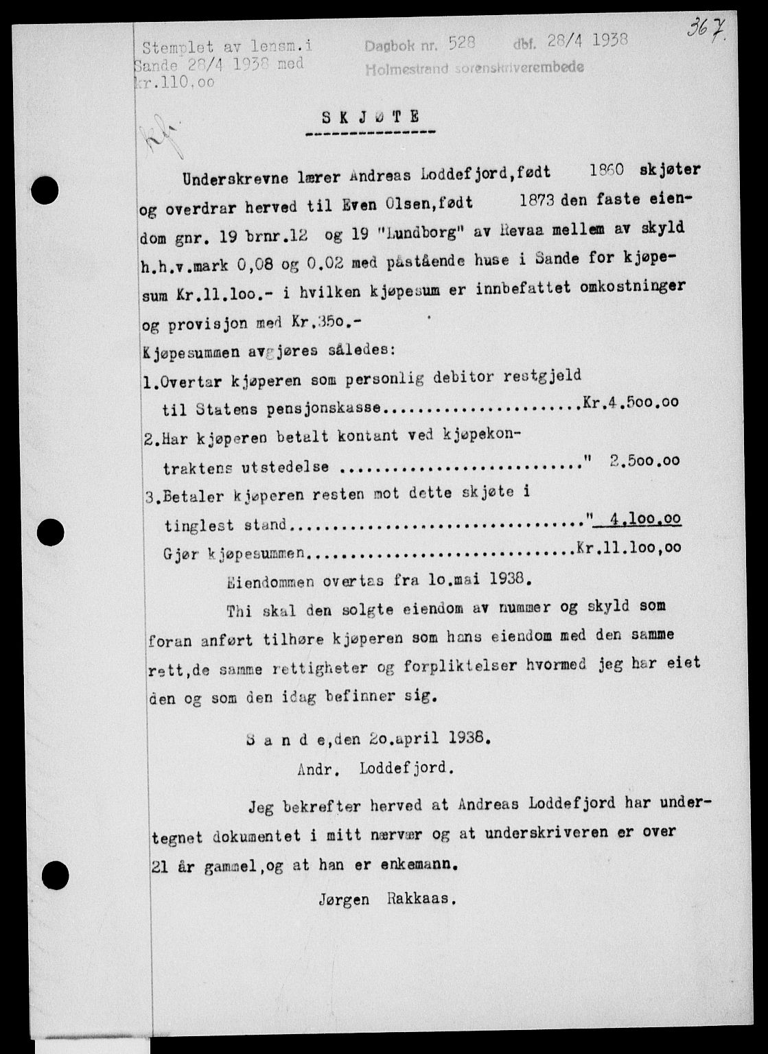 Holmestrand sorenskriveri, SAKO/A-67/G/Ga/Gaa/L0049: Pantebok nr. A-49, 1937-1938, Dagboknr: 528/1938