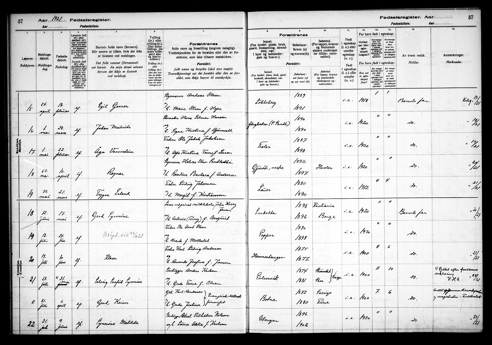 Hvaler prestekontor Kirkebøker, AV/SAO-A-2001/J/Ja/L0001: Fødselsregister nr. I 1, 1916-1938, s. 57