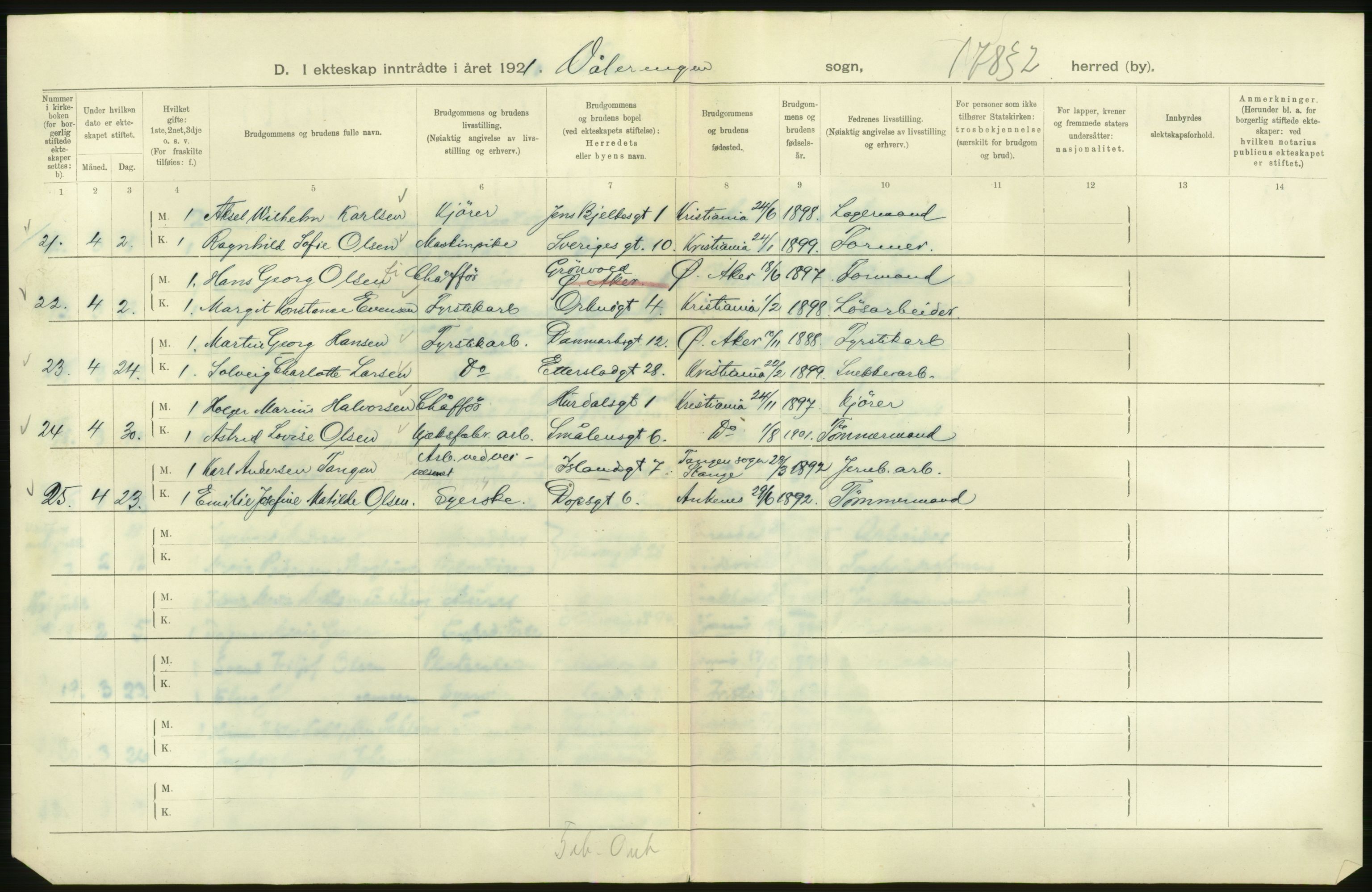 Statistisk sentralbyrå, Sosiodemografiske emner, Befolkning, RA/S-2228/D/Df/Dfc/Dfca/L0011: Kristiania: Gifte, 1921, s. 732