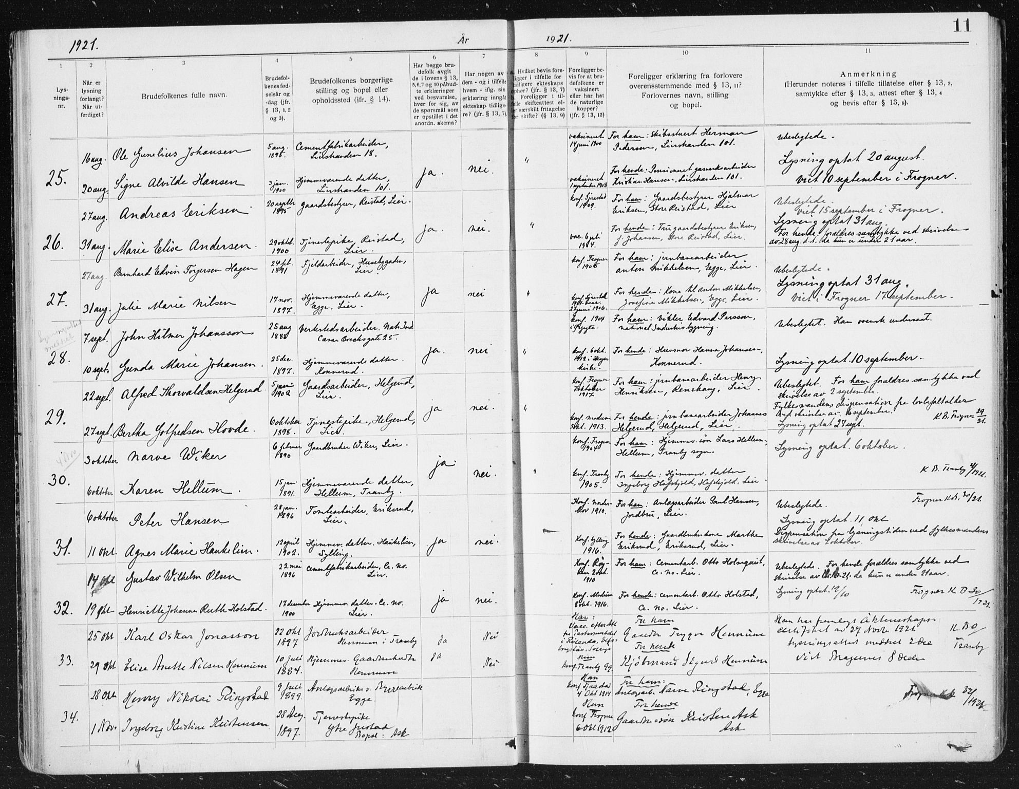 Lier kirkebøker, AV/SAKO-A-230/H/Ha/L0002: Lysningsprotokoll nr. 2, 1919-1939, s. 11