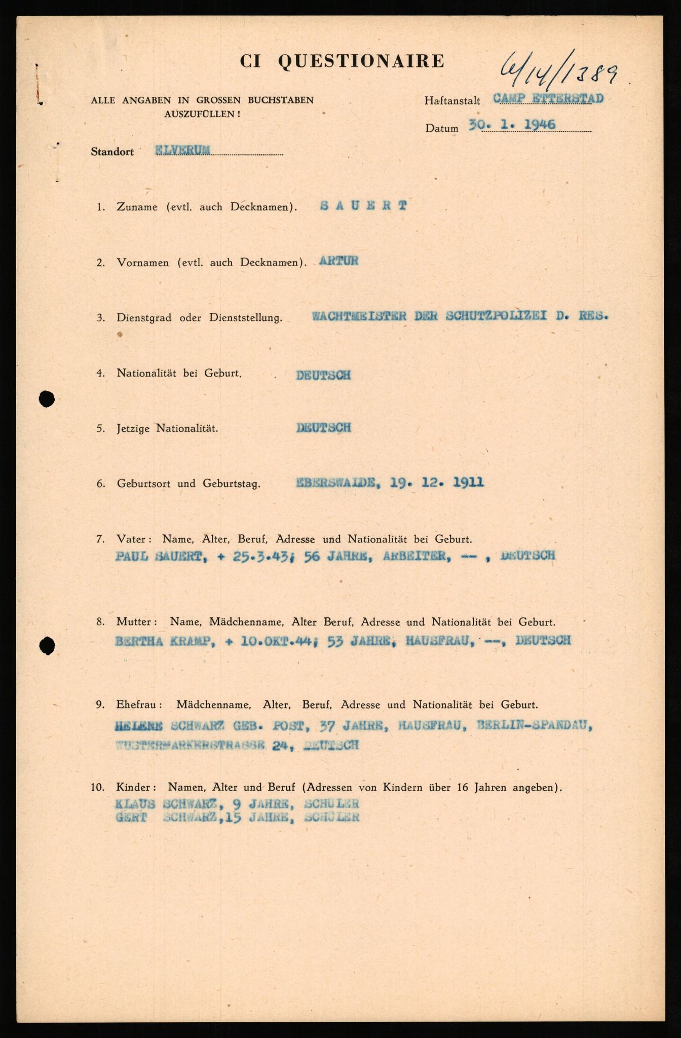 Forsvaret, Forsvarets overkommando II, AV/RA-RAFA-3915/D/Db/L0028: CI Questionaires. Tyske okkupasjonsstyrker i Norge. Tyskere., 1945-1946, s. 497