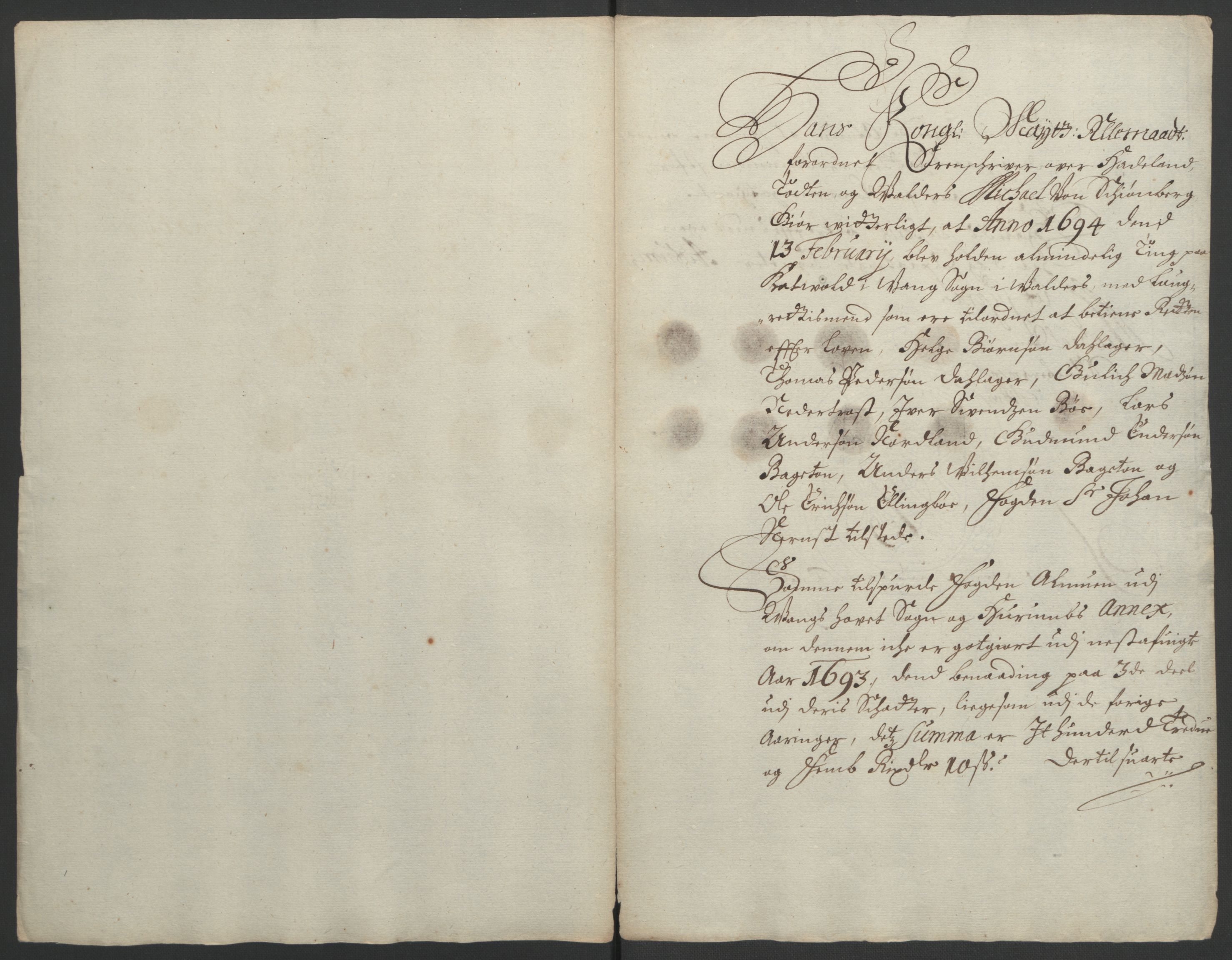 Rentekammeret inntil 1814, Reviderte regnskaper, Fogderegnskap, RA/EA-4092/R18/L1292: Fogderegnskap Hadeland, Toten og Valdres, 1693-1694, s. 155