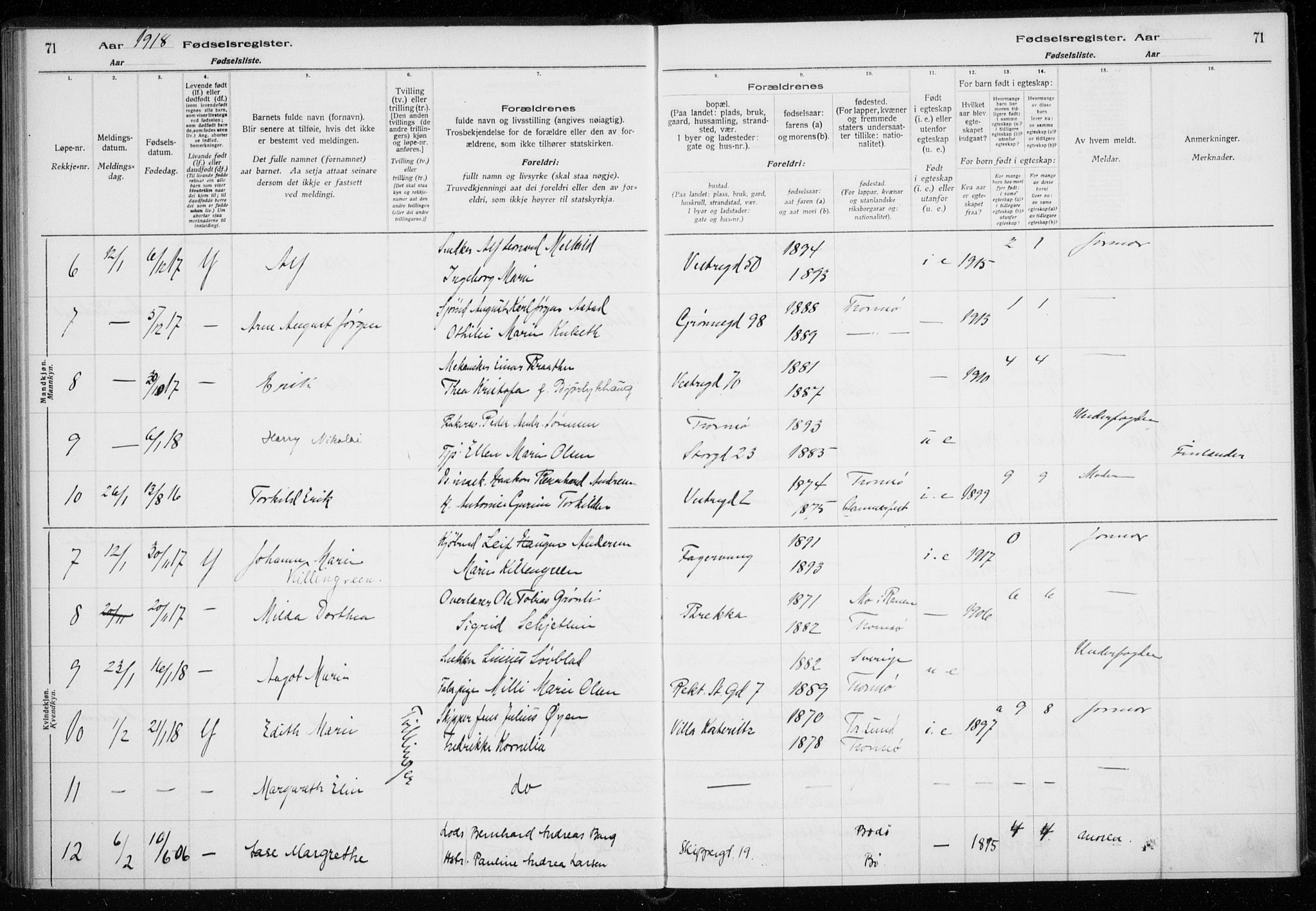 Tromsø sokneprestkontor/stiftsprosti/domprosti, AV/SATØ-S-1343/H/Ha/L0131: Fødselsregister nr. 131, 1916-1921, s. 71