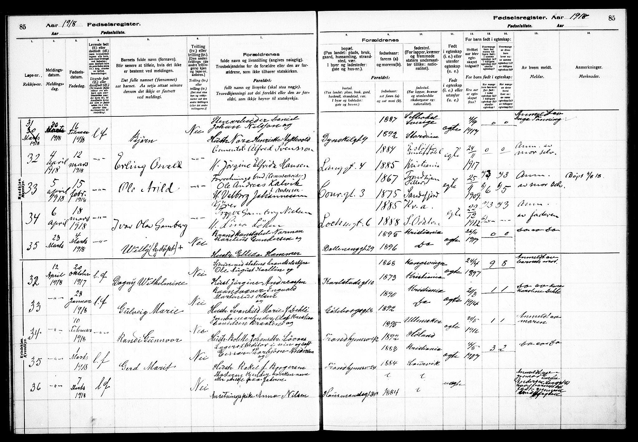 Petrus prestekontor Kirkebøker, AV/SAO-A-10872/J/Ja/L0001: Fødselsregister nr. 1, 1916-1922, s. 85