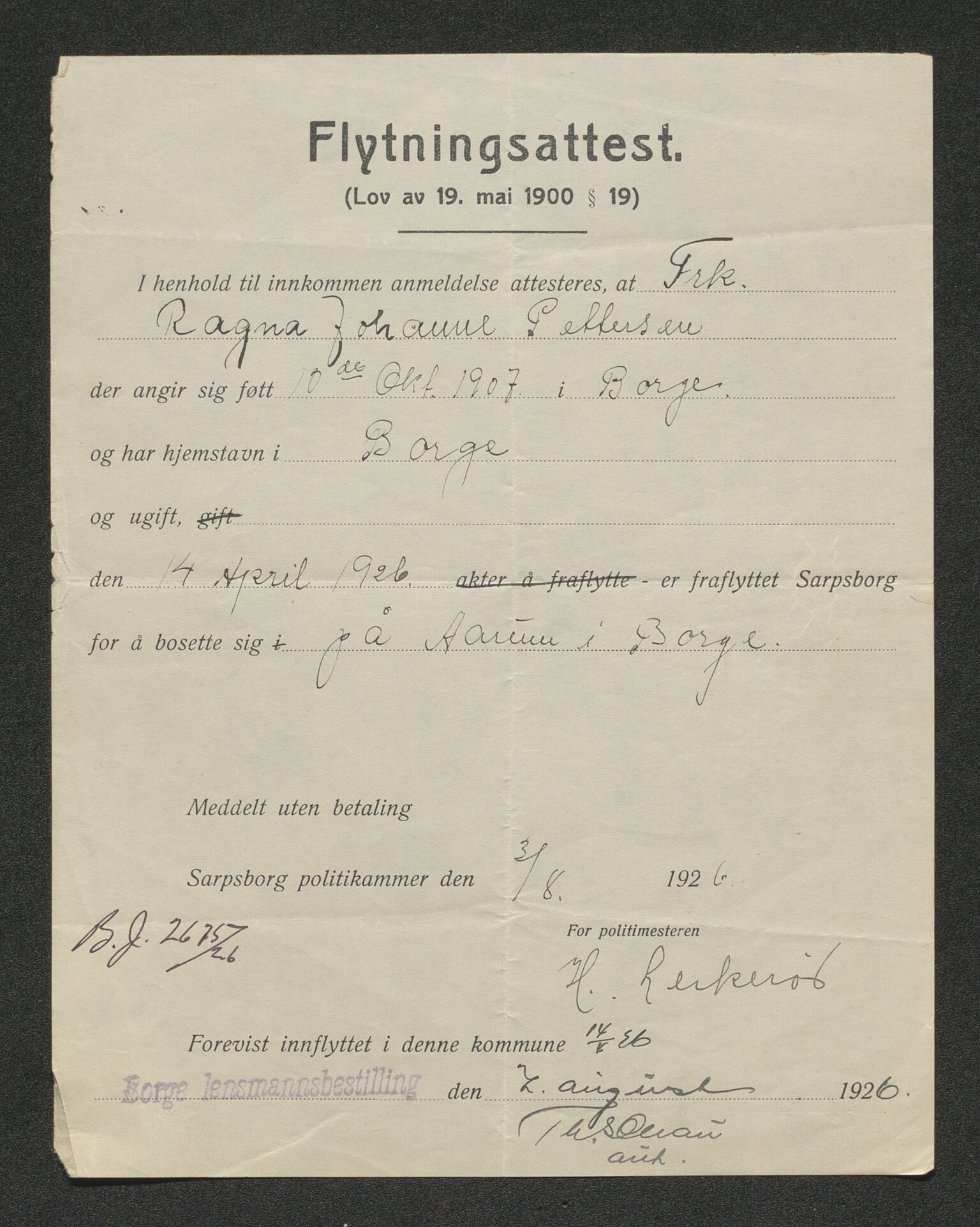 Borge lensmannskontor (Østfold), AV/SAO-A-10176/I/Ia/L0006: Protokoll over inn- og utflyttede i Borge fattigkommune, 1923-1936