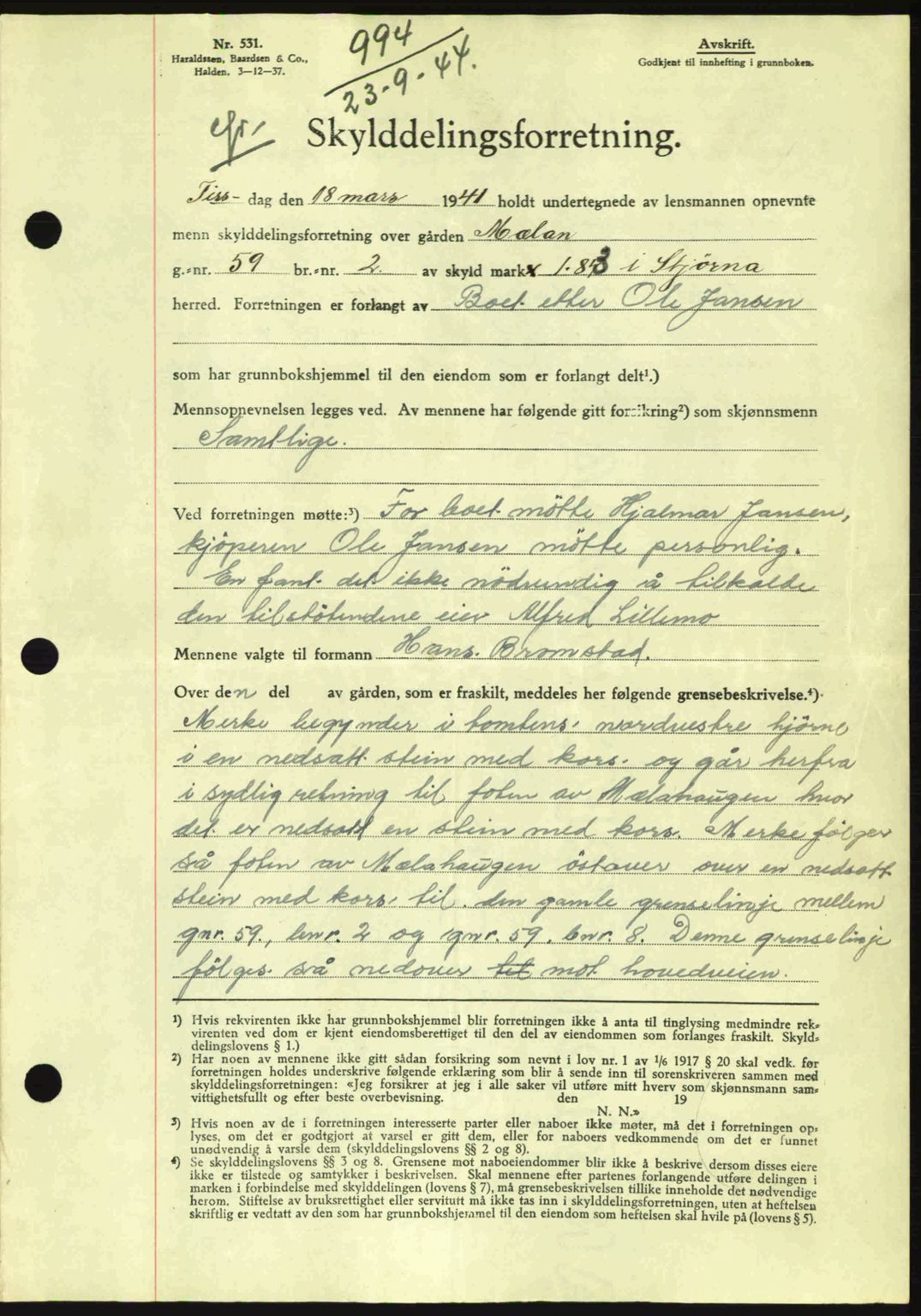 Fosen sorenskriveri, AV/SAT-A-1107/1/2/2C: Pantebok nr. A3, 1943-1945, Dagboknr: 994/1944