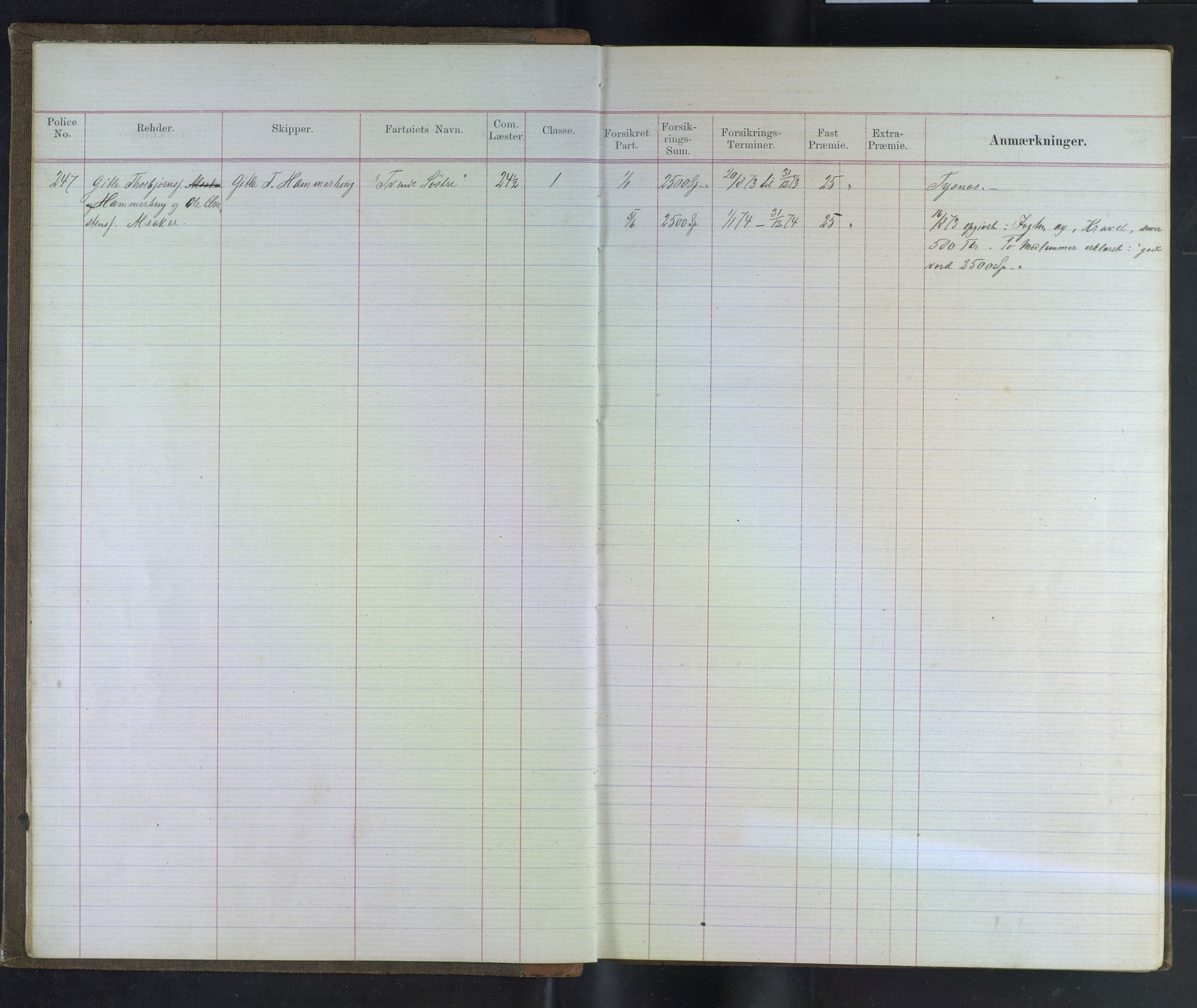 Jondal Skipsassuranseforening, AV/SAB-SAB/PA-0276/E/L0027: Bok over båtar, polisebok, 1873-1877