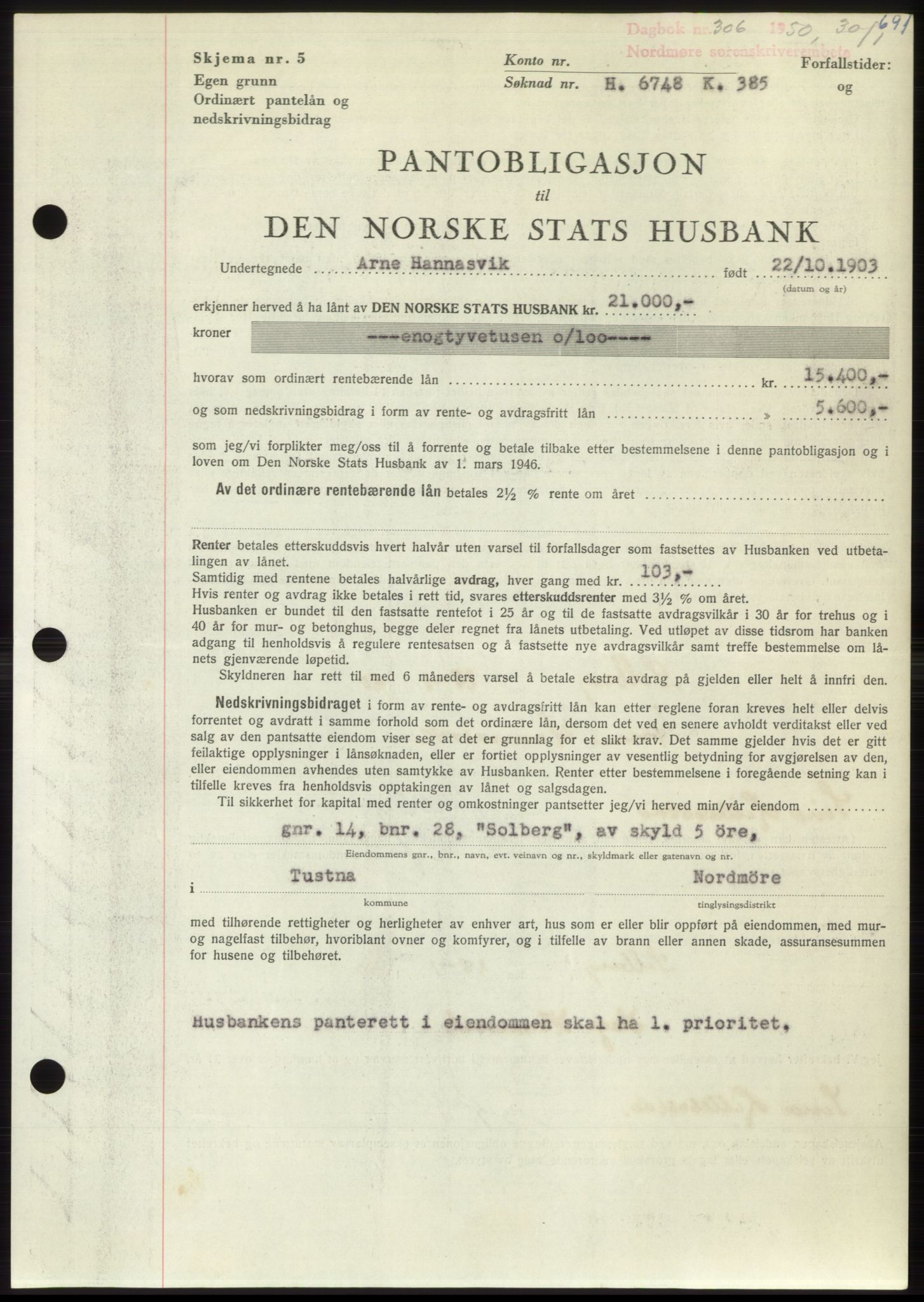 Nordmøre sorenskriveri, SAT/A-4132/1/2/2Ca: Pantebok nr. B103, 1949-1950, Dagboknr: 306/1950