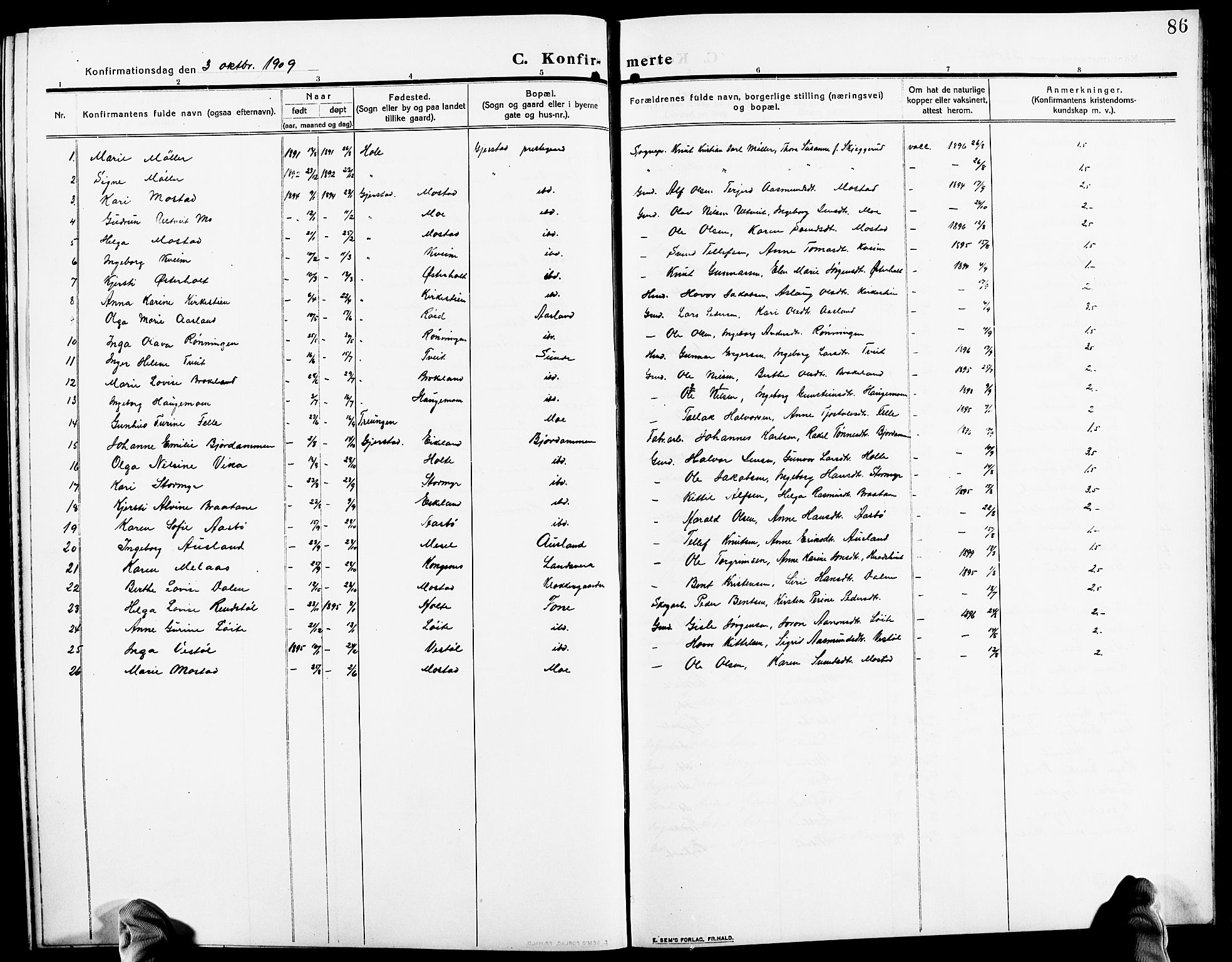 Gjerstad sokneprestkontor, AV/SAK-1111-0014/F/Fb/Fba/L0008: Klokkerbok nr. B 8, 1909-1925, s. 86