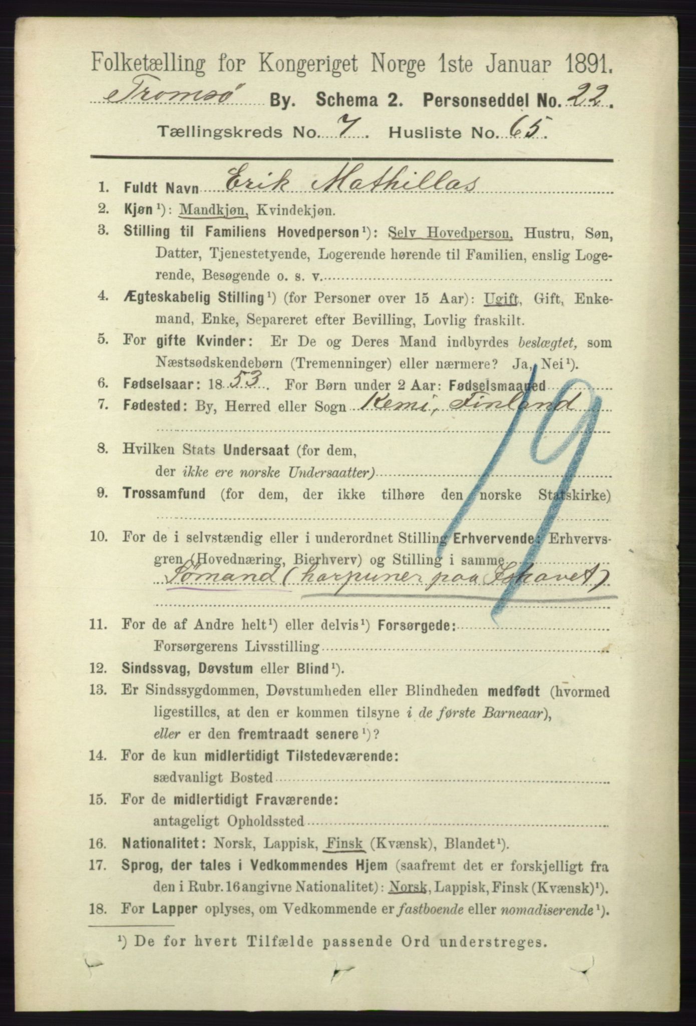 RA, Folketelling 1891 for 1902 Tromsø kjøpstad, 1891, s. 7476