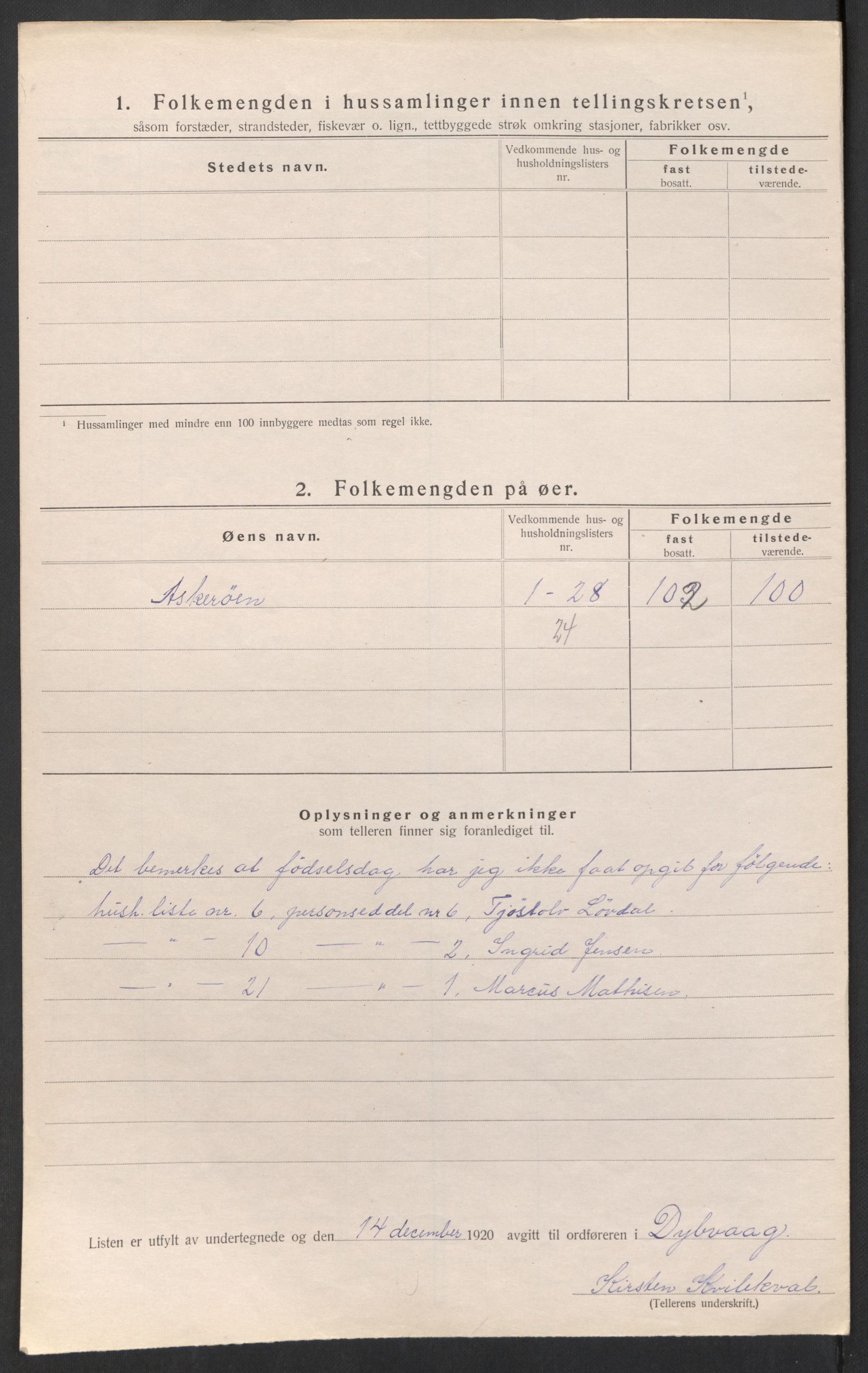 SAK, Folketelling 1920 for 0915 Dypvåg herred, 1920, s. 11