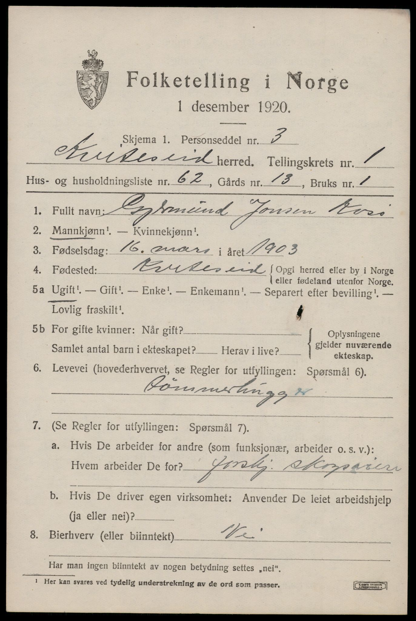 SAKO, Folketelling 1920 for 0829 Kviteseid herred, 1920, s. 2071