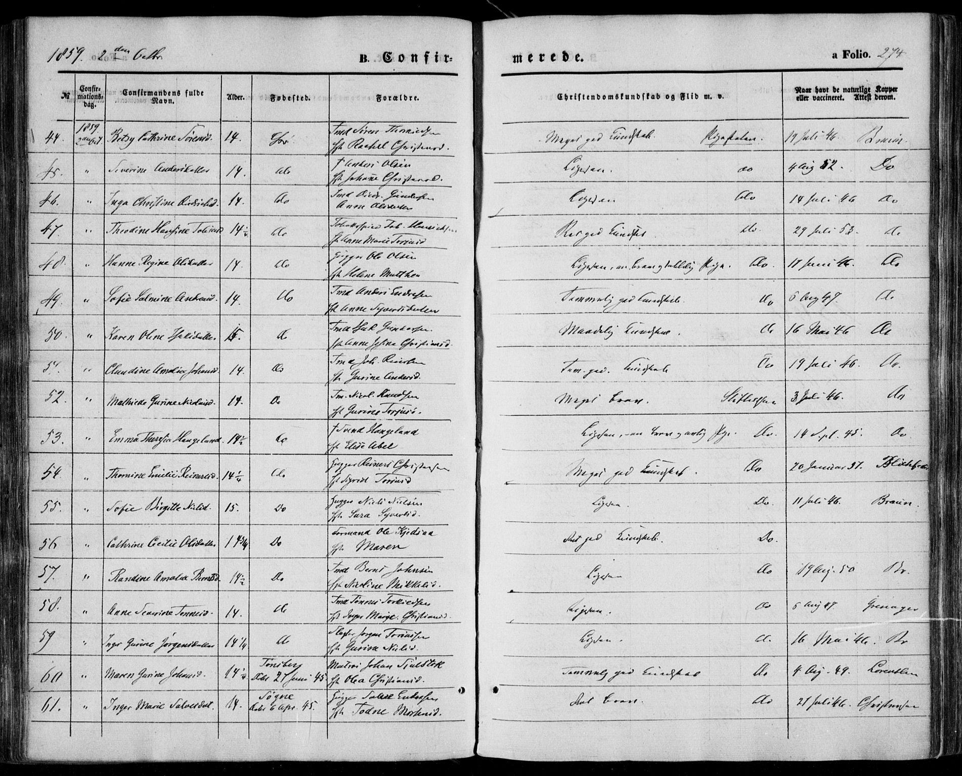 Kristiansand domprosti, AV/SAK-1112-0006/F/Fa/L0014: Ministerialbok nr. A 14, 1852-1867, s. 274