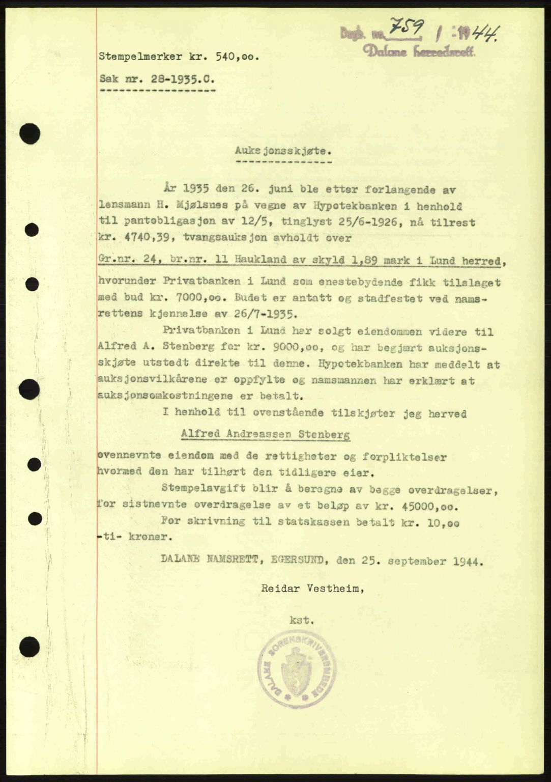 Dalane sorenskriveri, SAST/A-100309/02/G/Gb/L0047: Pantebok nr. A8 I, 1944-1945, Dagboknr: 759/1944
