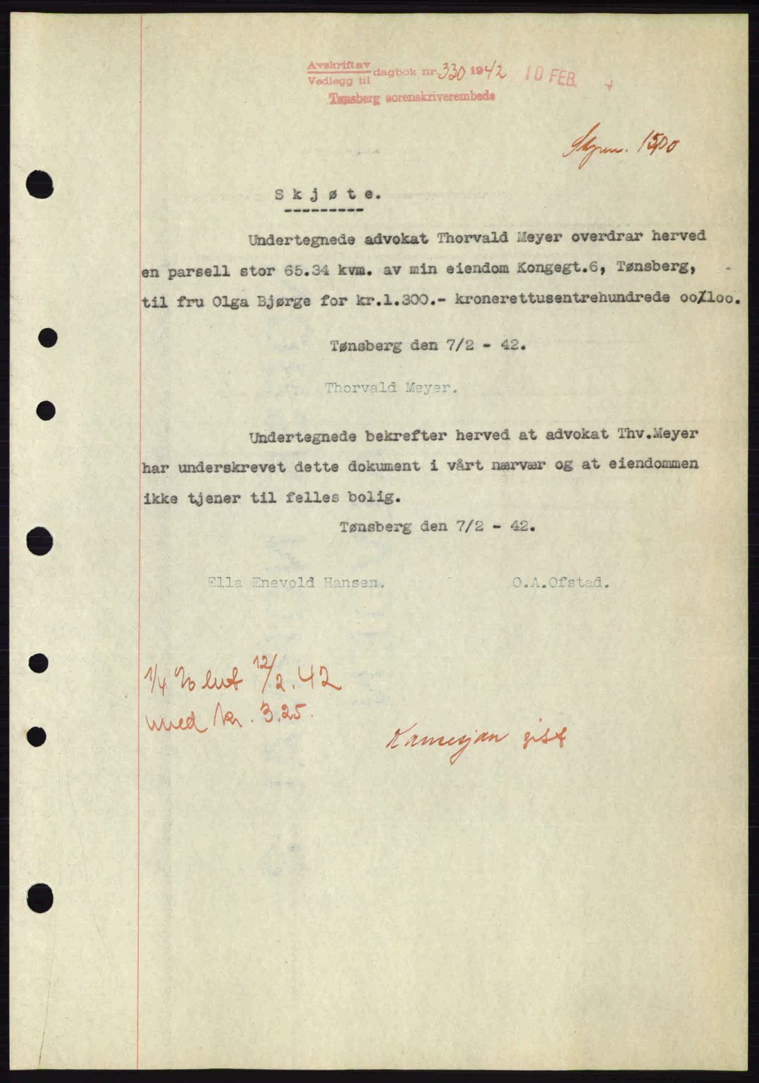 Tønsberg sorenskriveri, AV/SAKO-A-130/G/Ga/Gaa/L0011: Pantebok nr. A11, 1941-1942, Dagboknr: 330/1942