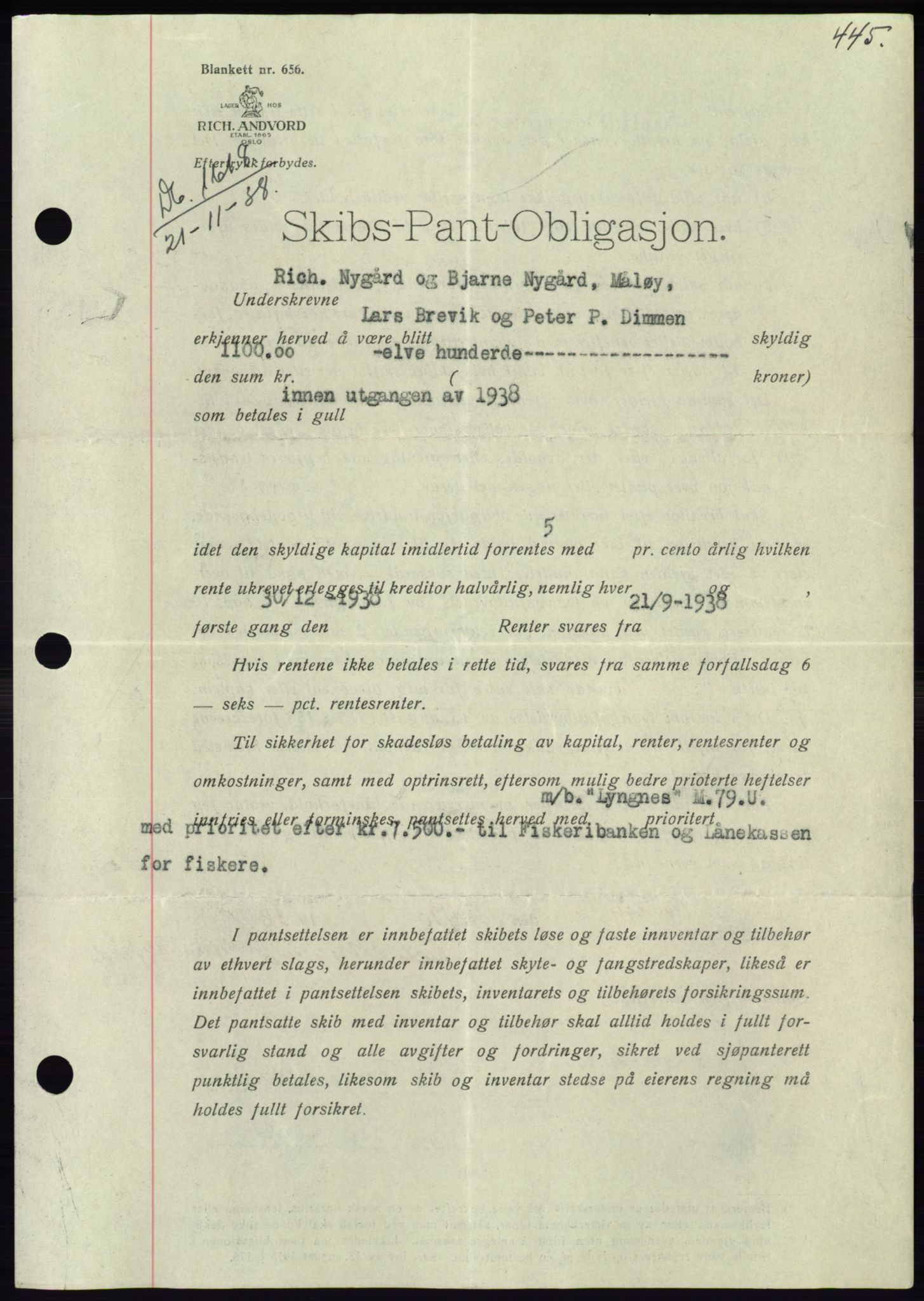 Søre Sunnmøre sorenskriveri, AV/SAT-A-4122/1/2/2C/L0066: Pantebok nr. 60, 1938-1938, Dagboknr: 1618/1938