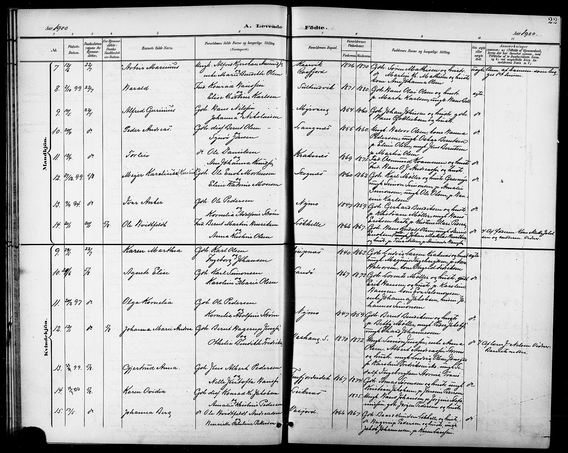 Lenvik sokneprestembete, AV/SATØ-S-1310/H/Ha/Hab/L0008klokker: Klokkerbok nr. 8, 1899-1911, s. 22