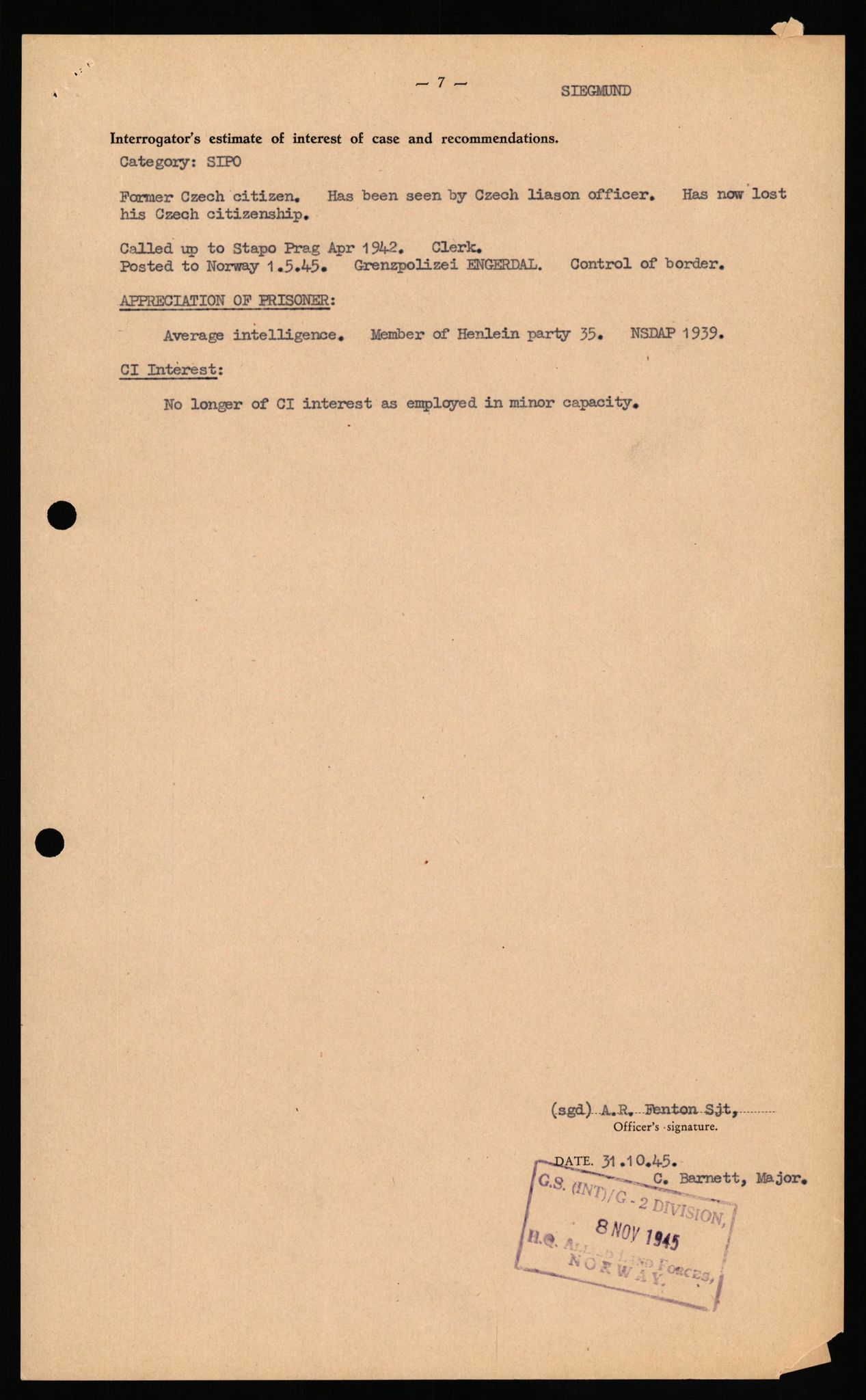 Forsvaret, Forsvarets overkommando II, AV/RA-RAFA-3915/D/Db/L0032: CI Questionaires. Tyske okkupasjonsstyrker i Norge. Tyskere., 1945-1946, s. 81