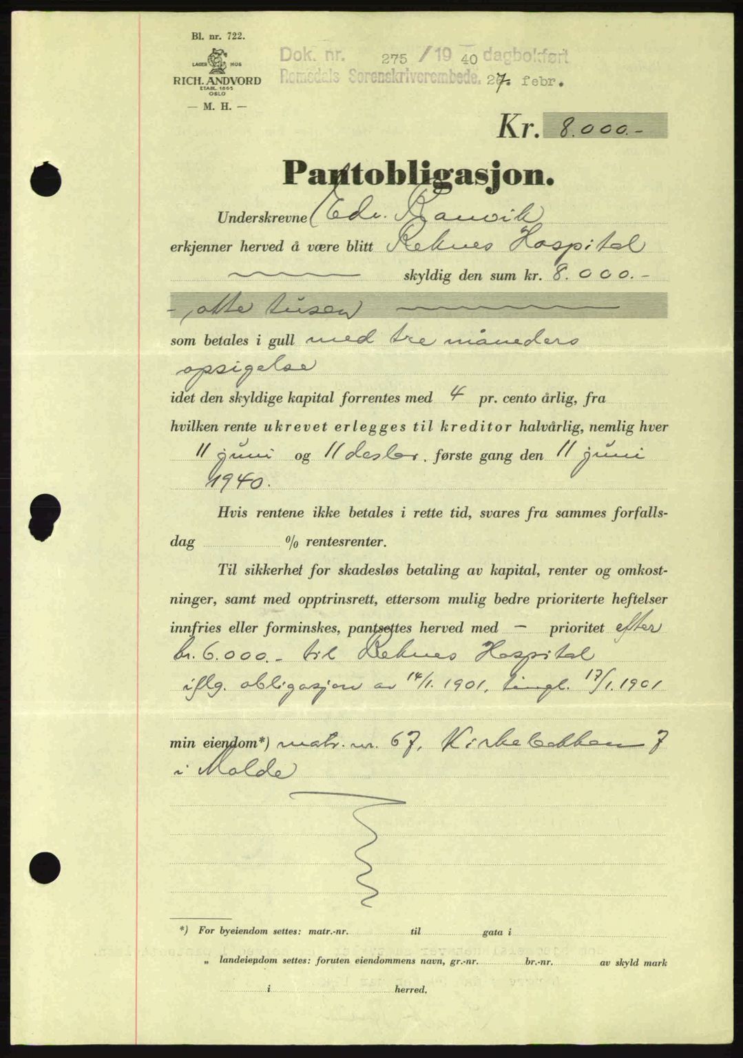 Romsdal sorenskriveri, SAT/A-4149/1/2/2C: Pantebok nr. B2, 1939-1945, Dagboknr: 275/1940