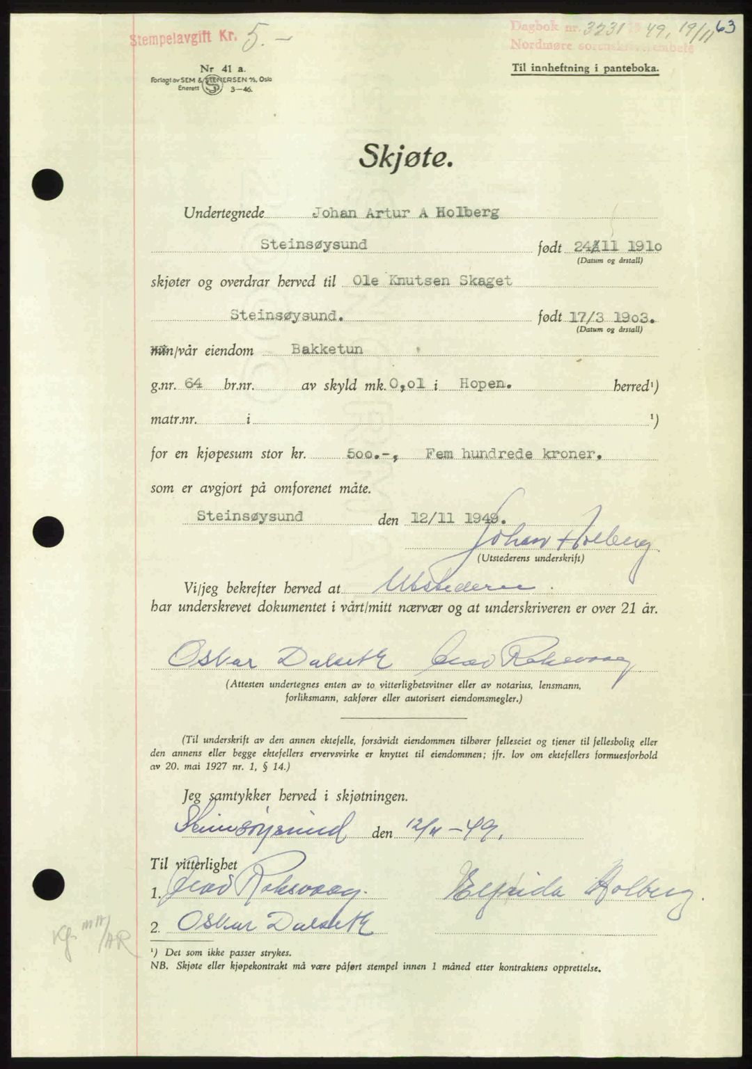 Nordmøre sorenskriveri, AV/SAT-A-4132/1/2/2Ca: Pantebok nr. A113, 1949-1950, Dagboknr: 3231/1949