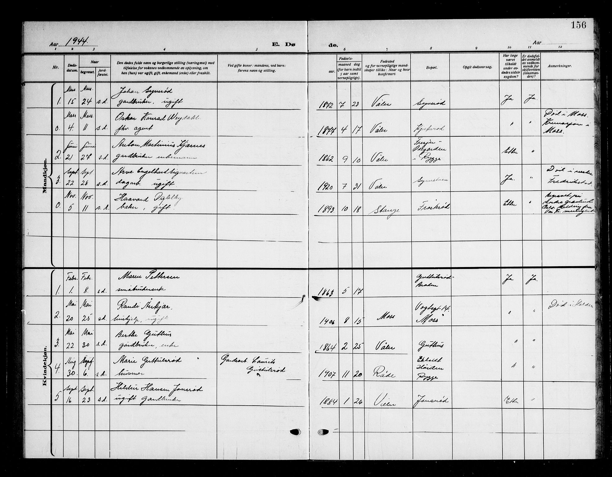 Våler prestekontor Kirkebøker, SAO/A-11083/G/Ga/L0006: Klokkerbok nr. I 6, 1931-1950, s. 156