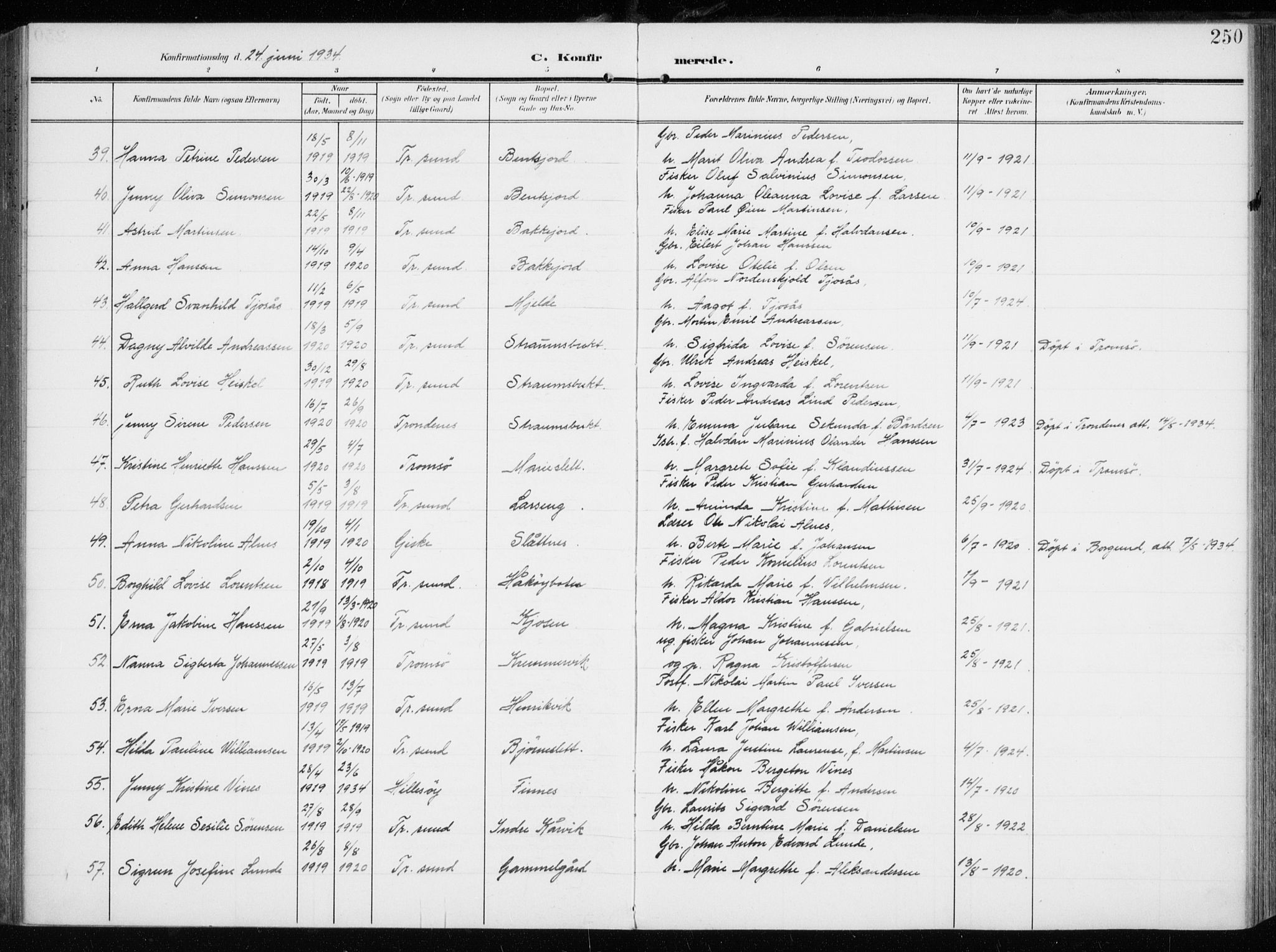 Tromsøysund sokneprestkontor, AV/SATØ-S-1304/G/Ga/L0007kirke: Ministerialbok nr. 7, 1907-1914, s. 250