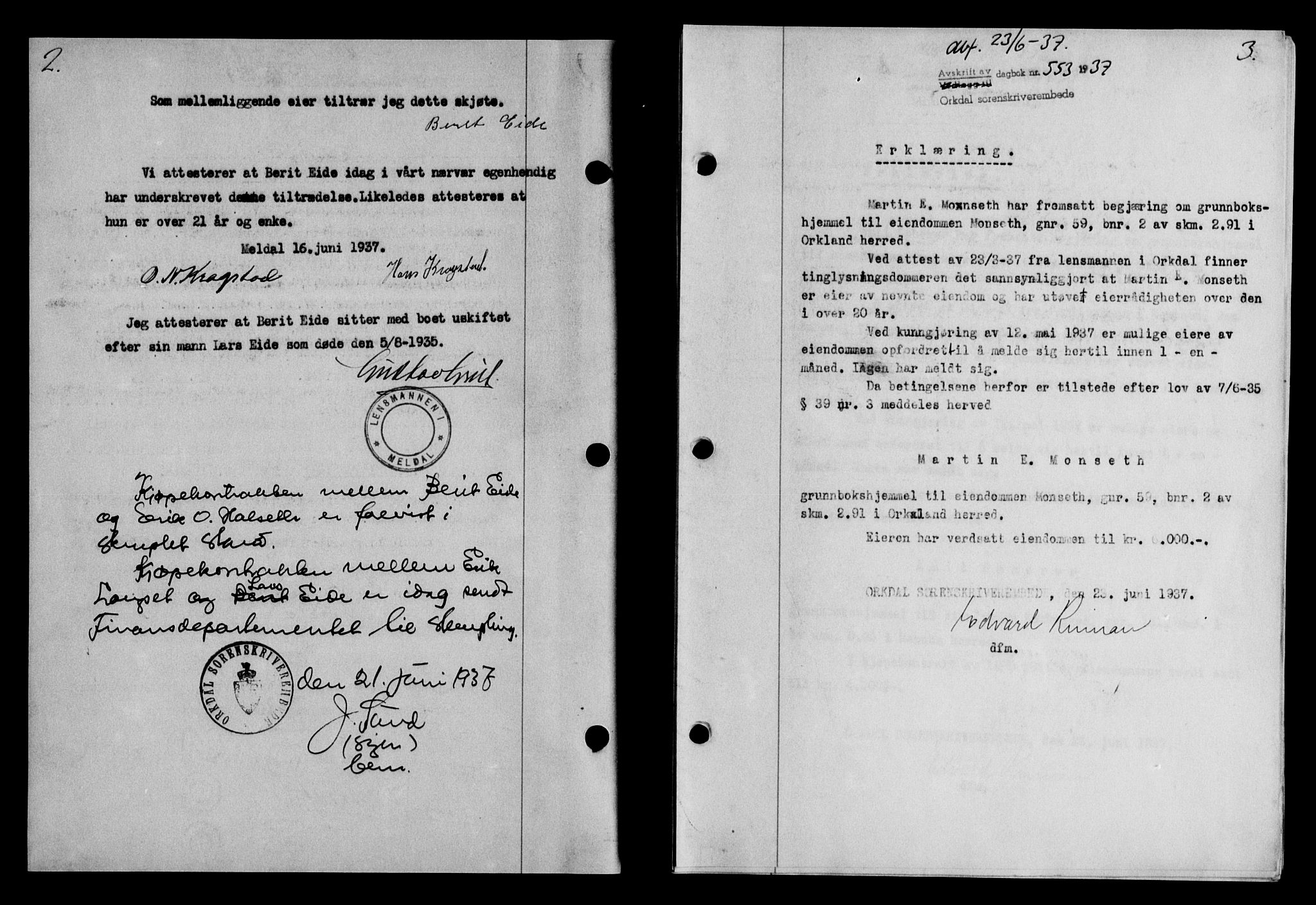 Orkdal sorenskriveri, AV/SAT-A-4169/1/2/2C/L0052: Pantebok nr. A2, 1937-1938, Dagboknr: 553/1937