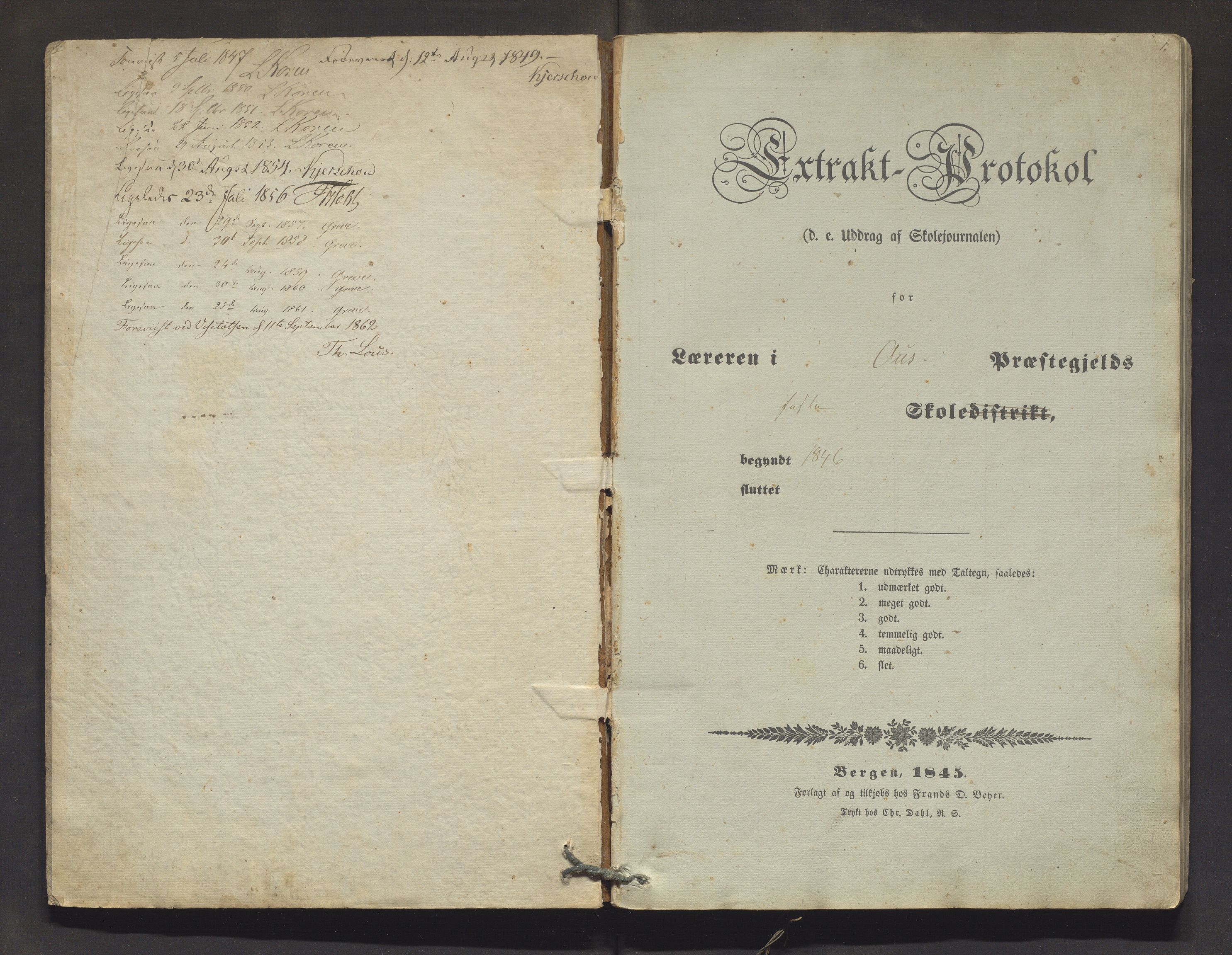 Os kommune. Barneskulane, IKAH/1243-231/F/Fd/L0001: Skuleprotokoll for Os sokn faste skuledistrikt , 1846-1862