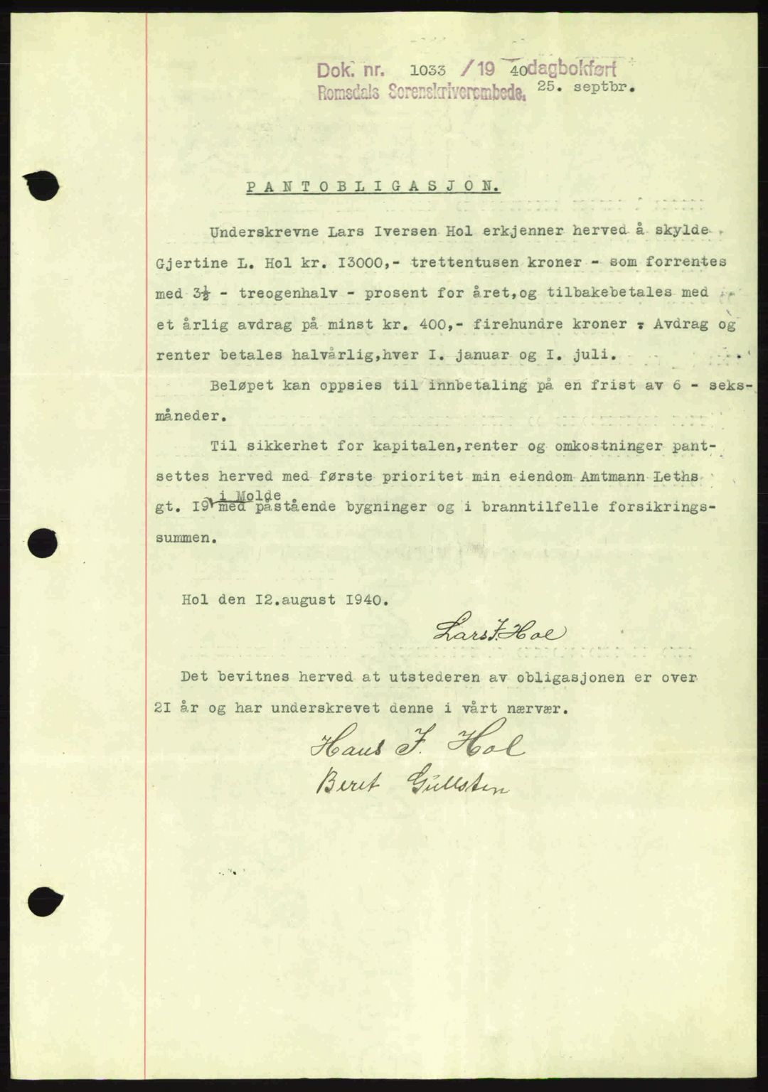 Romsdal sorenskriveri, SAT/A-4149/1/2/2C: Pantebok nr. B2, 1939-1945, Dagboknr: 1033/1940