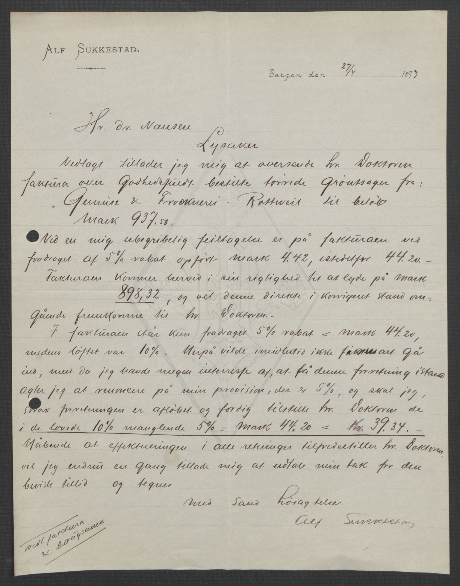 Arbeidskomitéen for Fridtjof Nansens polarekspedisjon, AV/RA-PA-0061/D/L0004: Innk. brev og telegrammer vedr. proviant og utrustning, 1892-1893, s. 796