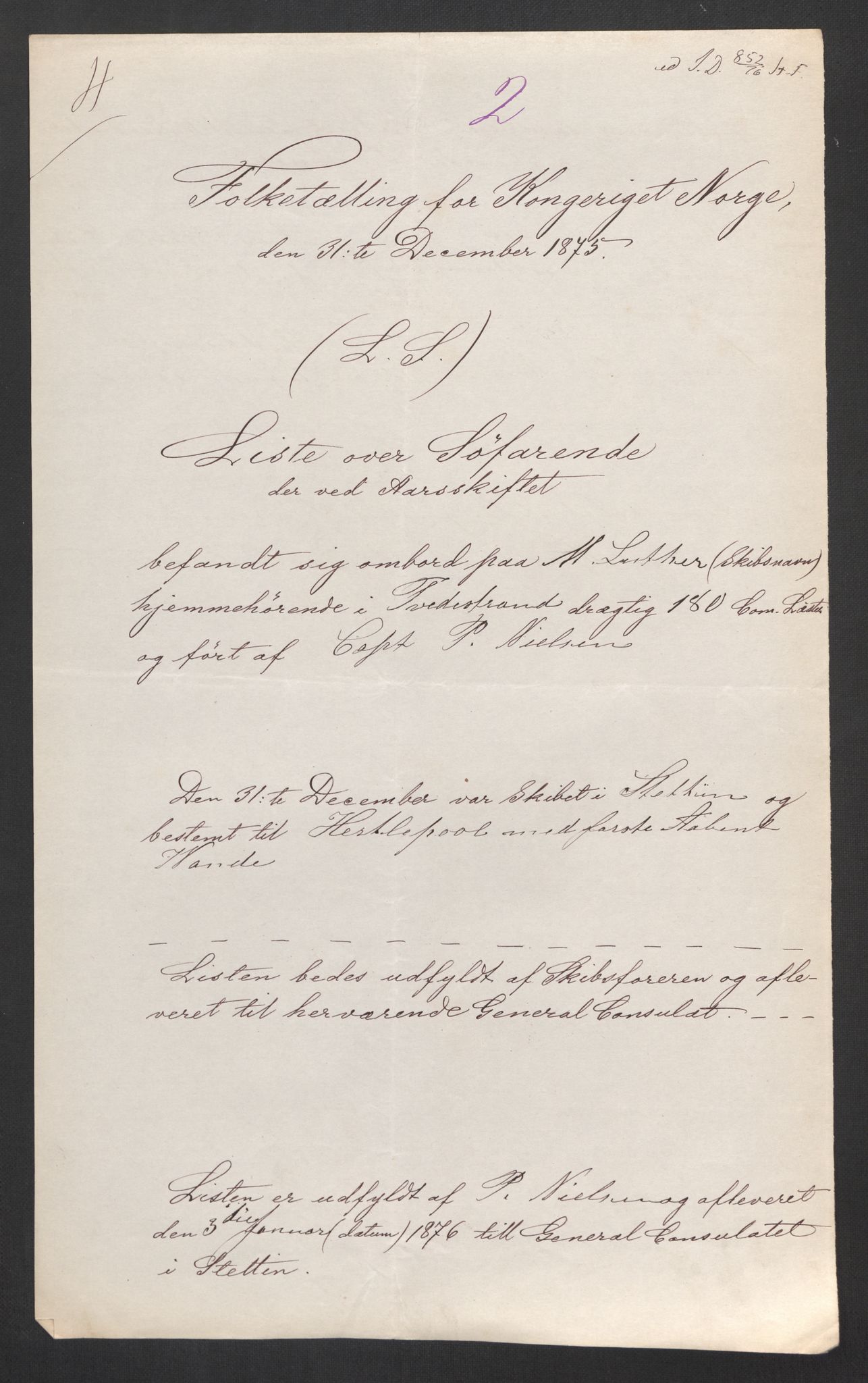 RA, Folketelling 1875, skipslister: Skip i utenrikske havner, hjemmehørende i byer og ladesteder, Fredrikshald - Arendal, 1875, s. 956