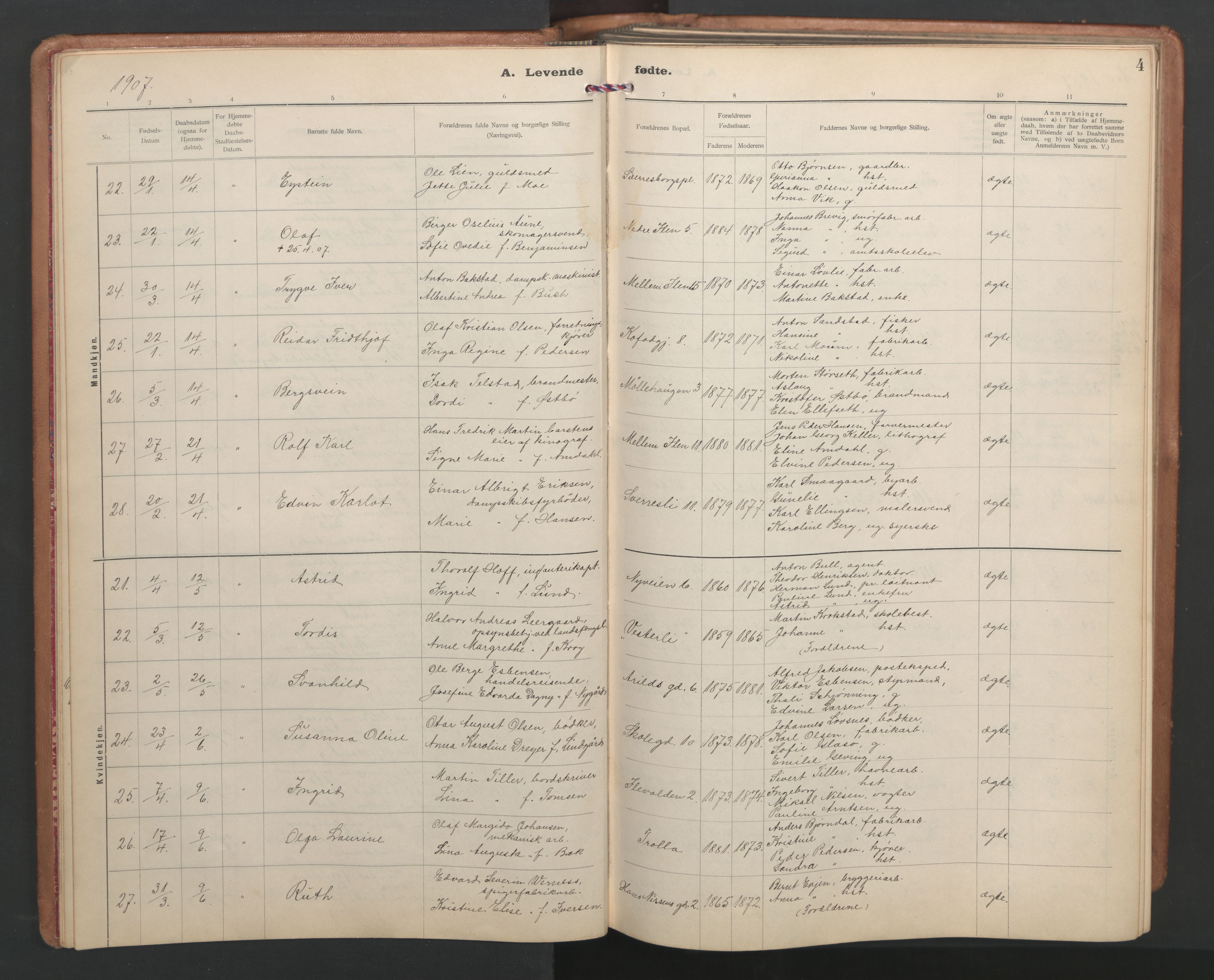 Ministerialprotokoller, klokkerbøker og fødselsregistre - Sør-Trøndelag, AV/SAT-A-1456/603/L0173: Klokkerbok nr. 603C01, 1907-1962, s. 4