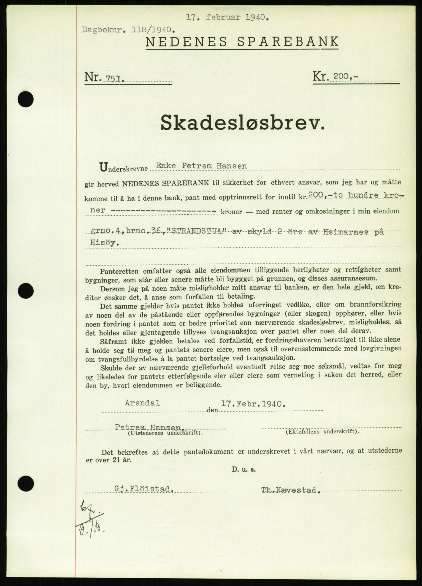 Nedenes sorenskriveri, SAK/1221-0006/G/Gb/Gbb/L0001: Pantebok nr. I, 1939-1942, Dagboknr: 118/1940