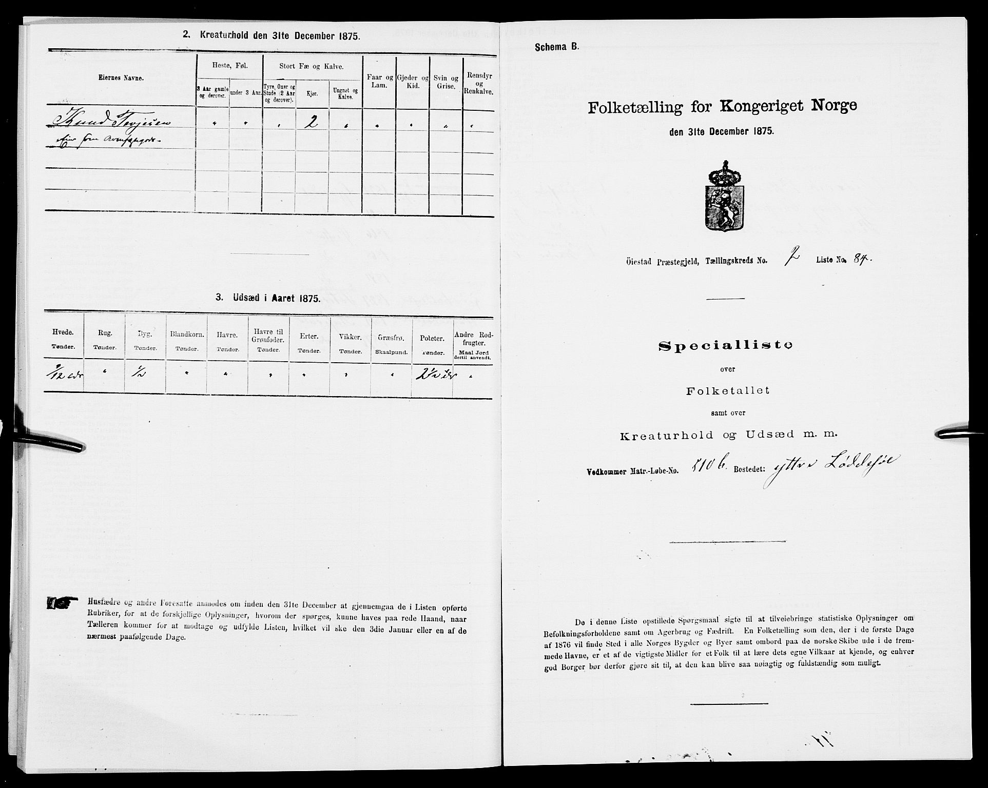 SAK, Folketelling 1875 for 0920P Øyestad prestegjeld, 1875, s. 311