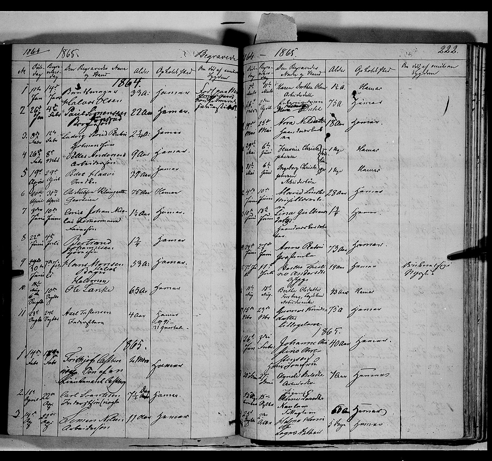 Vang prestekontor, Hedmark, AV/SAH-PREST-008/H/Ha/Haa/L0011: Ministerialbok nr. 11, 1852-1877, s. 222
